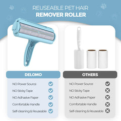 DELOMO Pet Hair Removal Tool on carpet lifting embedded fur.
