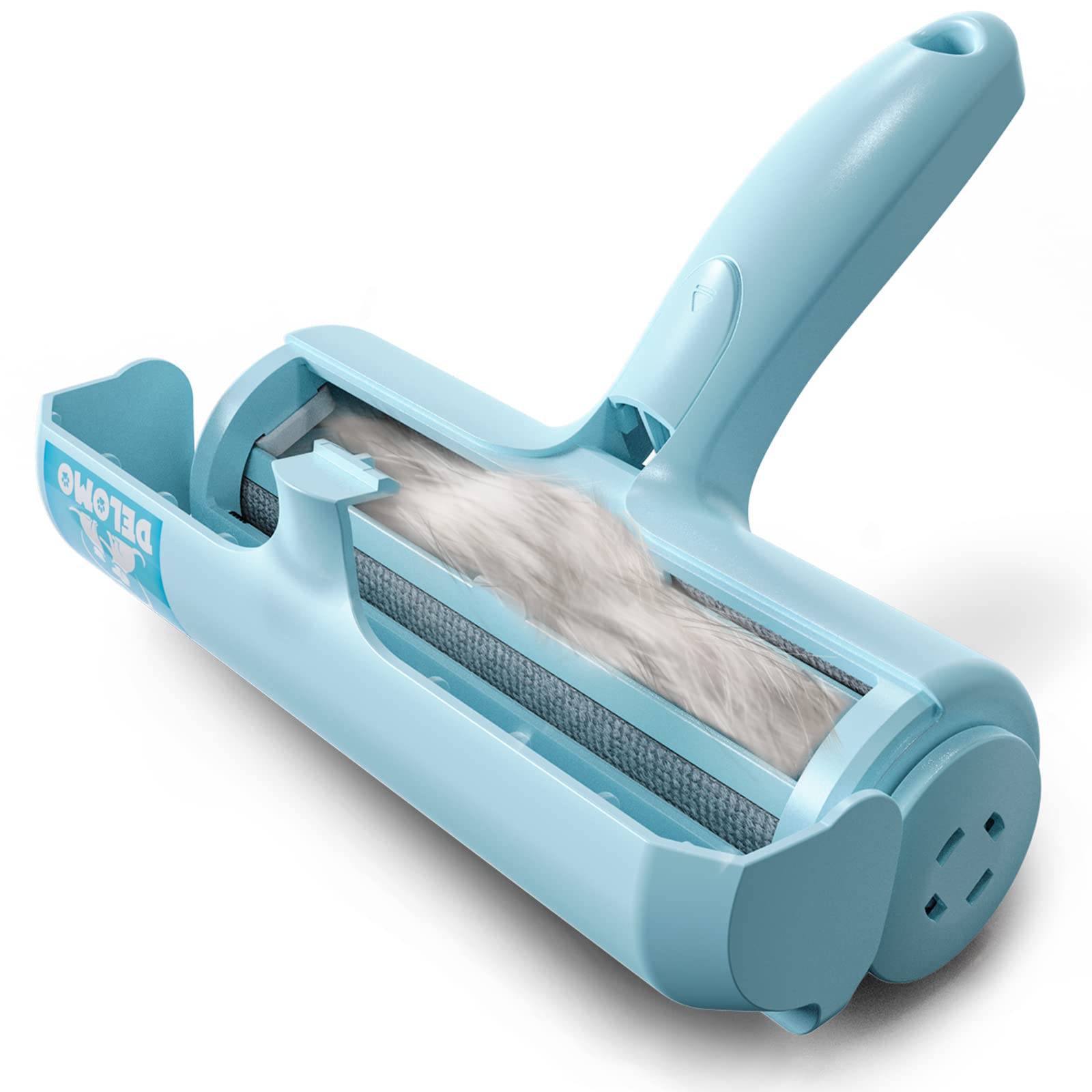 DELOMO Pet Hair Removal Tool on a couch lifting fur quickly.