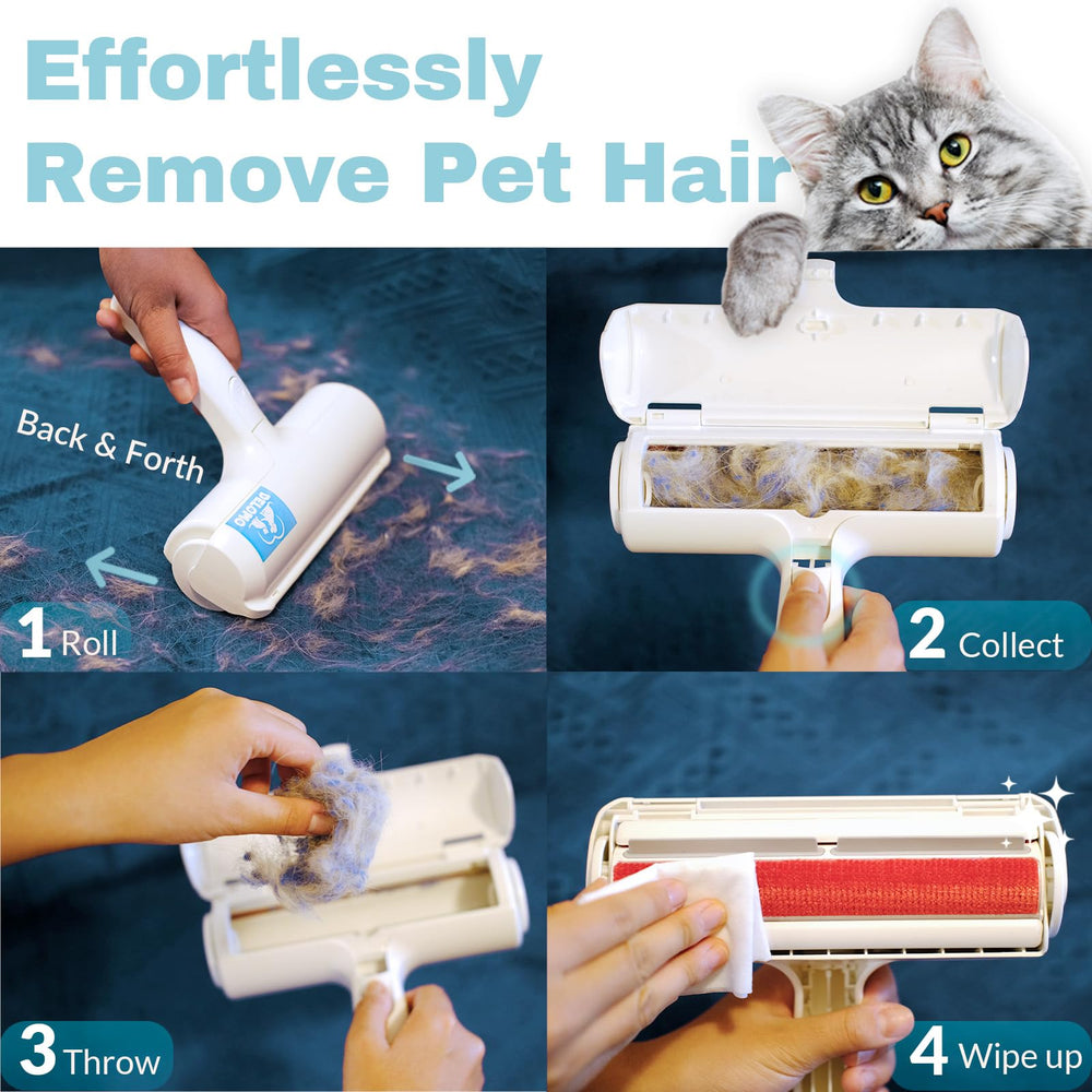 DELOMO Pet Hair Roller fur bin being emptied for quick disposal.