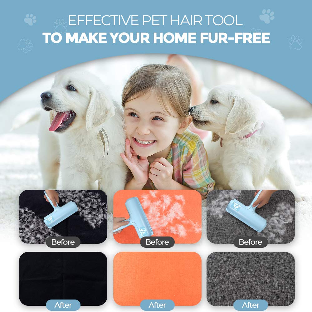 DELOMO Pet Hair Removal Tool with fur bin collecting fur during use.