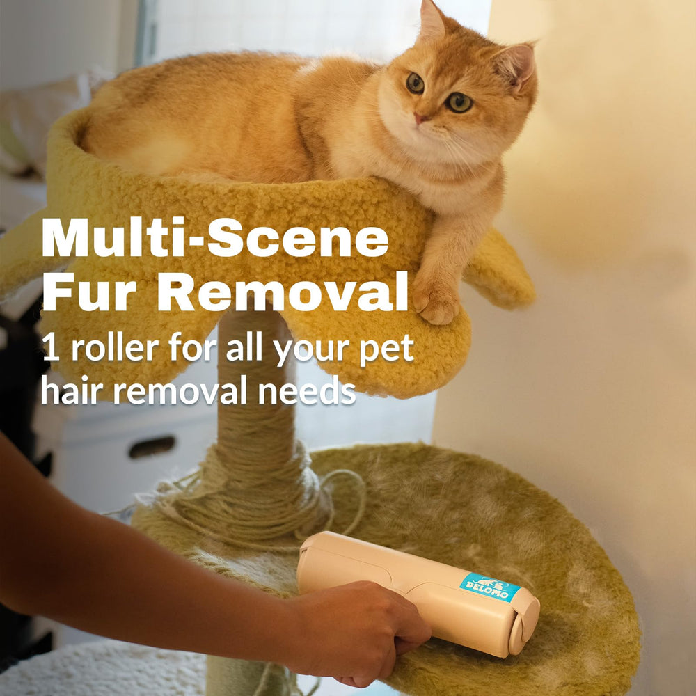 DELOMO Pet Hair Roller in action on car seat for fur-free travel.