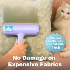 DELOMO Pet Hair Roller in action removes fur from fabrics quickly and easily