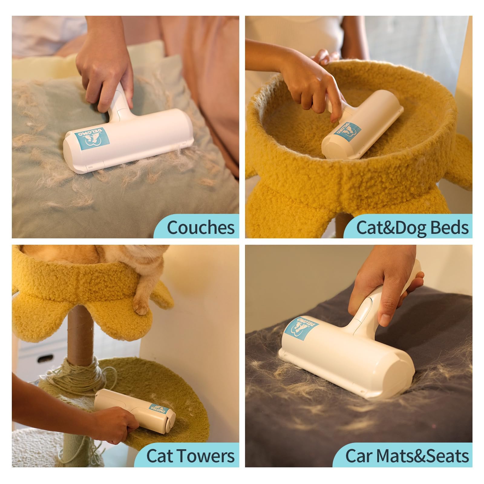 DELOMO Pet Hair Roller in living room removing pet hair from upholstery.