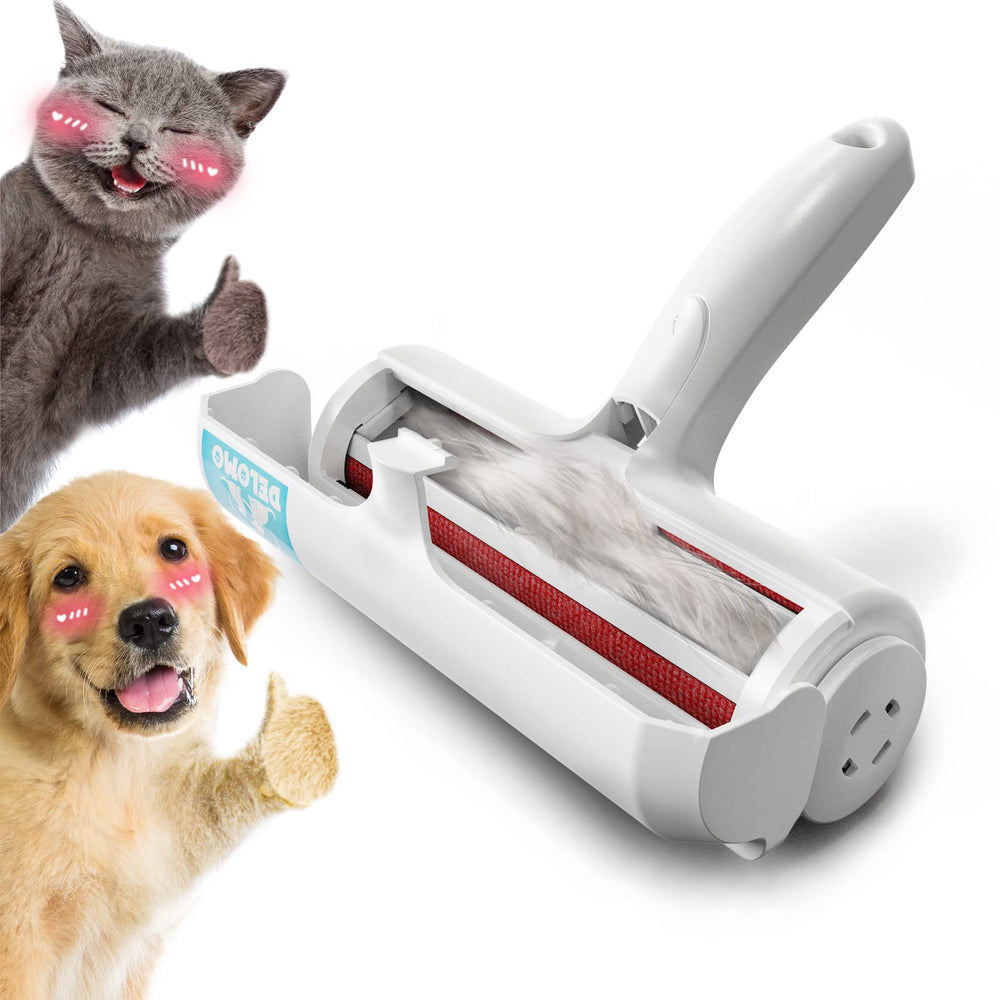 DELOMO Pet Hair Roller on couch enables quick hair removal for sofas.