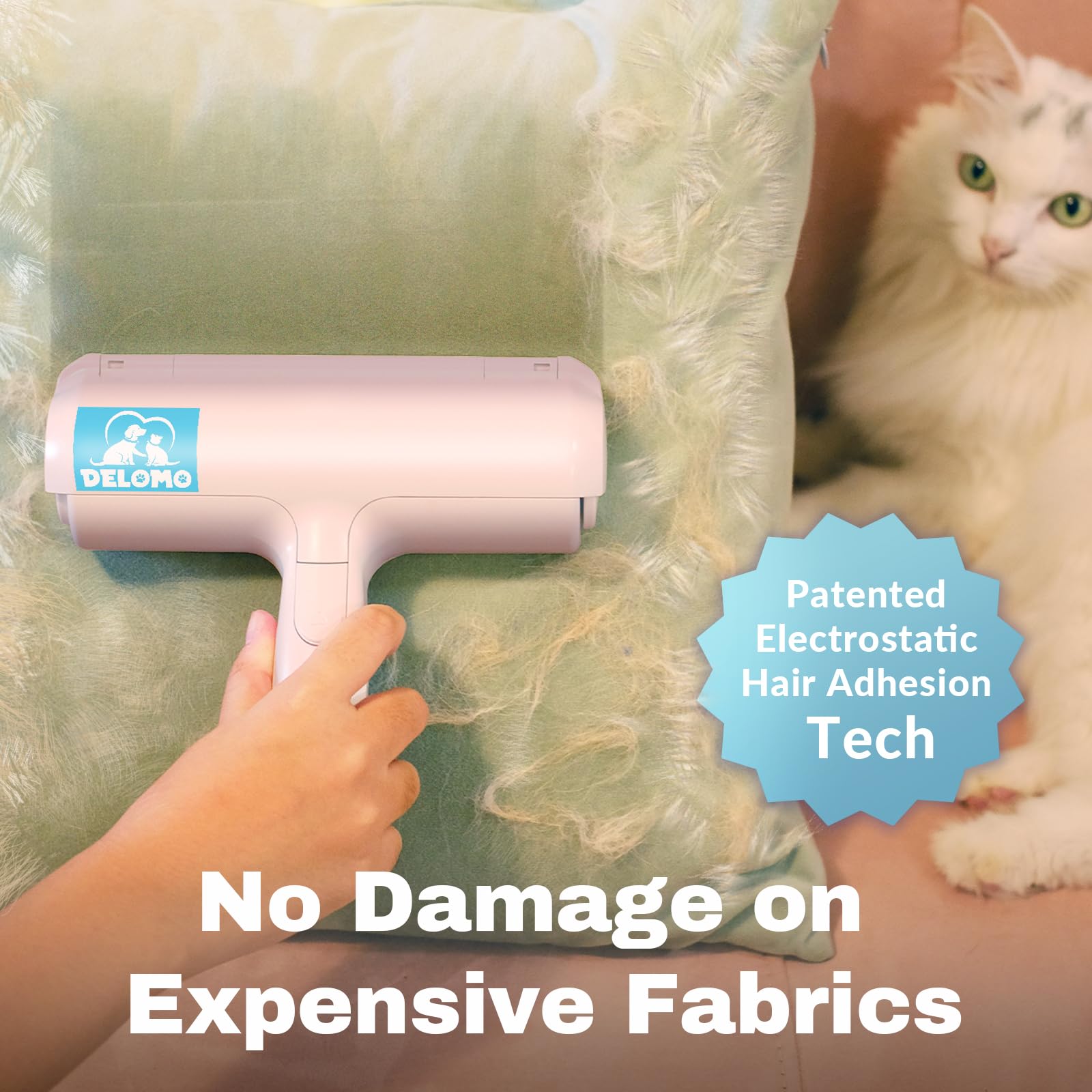 DELOMO Pet Hair Roller with fur bin empties quickly for easy reuse.