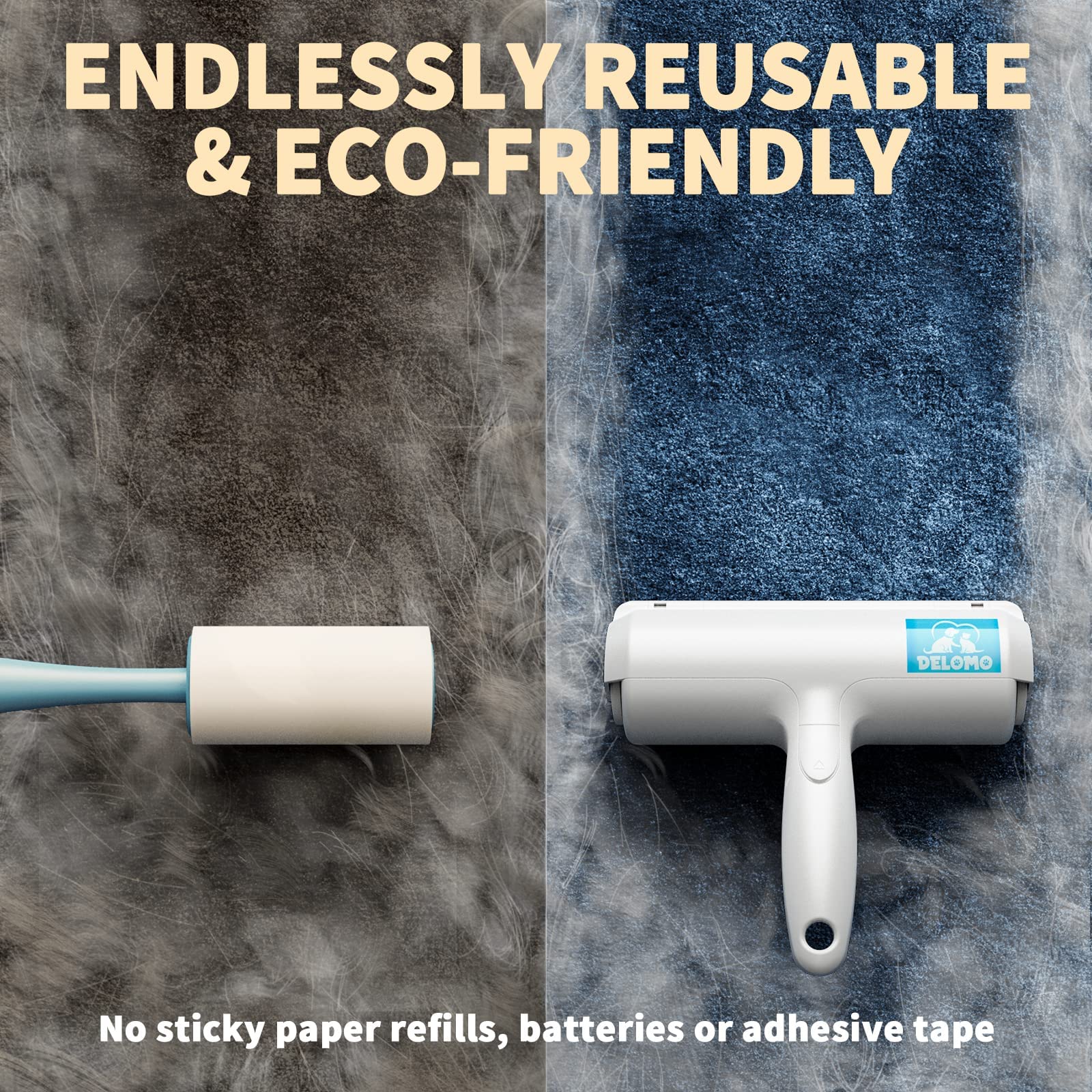DELOMO Pet Hair Roller on wool fabric demonstrating effective hair lift.