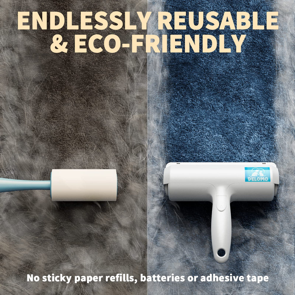 DELOMO Pet Hair Roller on wool fabric demonstrating effective hair lift.