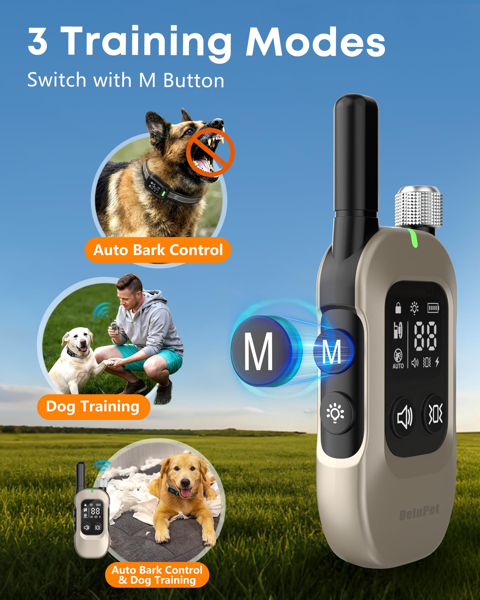 Delupet remote with 4500ft range enables outdoor training without shouting.