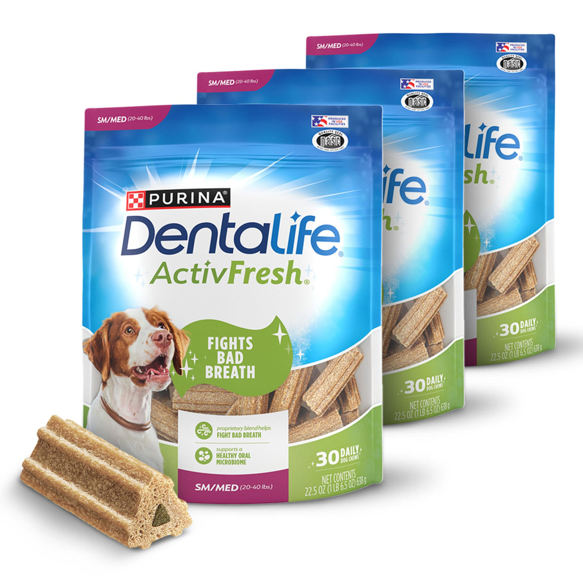 Dentalife ActivFresh pack three dog chews designed for small to medium dogs.