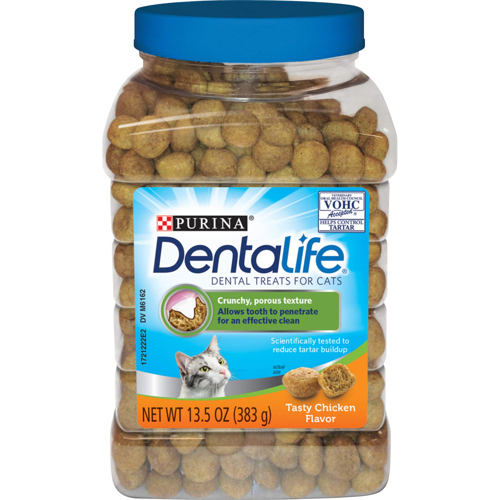 Dentalife Purina DentaLife canister front view offering chicken-flavored dental treats for cats' dental care.