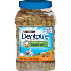 Dentalife Purina DentaLife canister front view offering chicken-flavored dental treats for cats' dental care.
