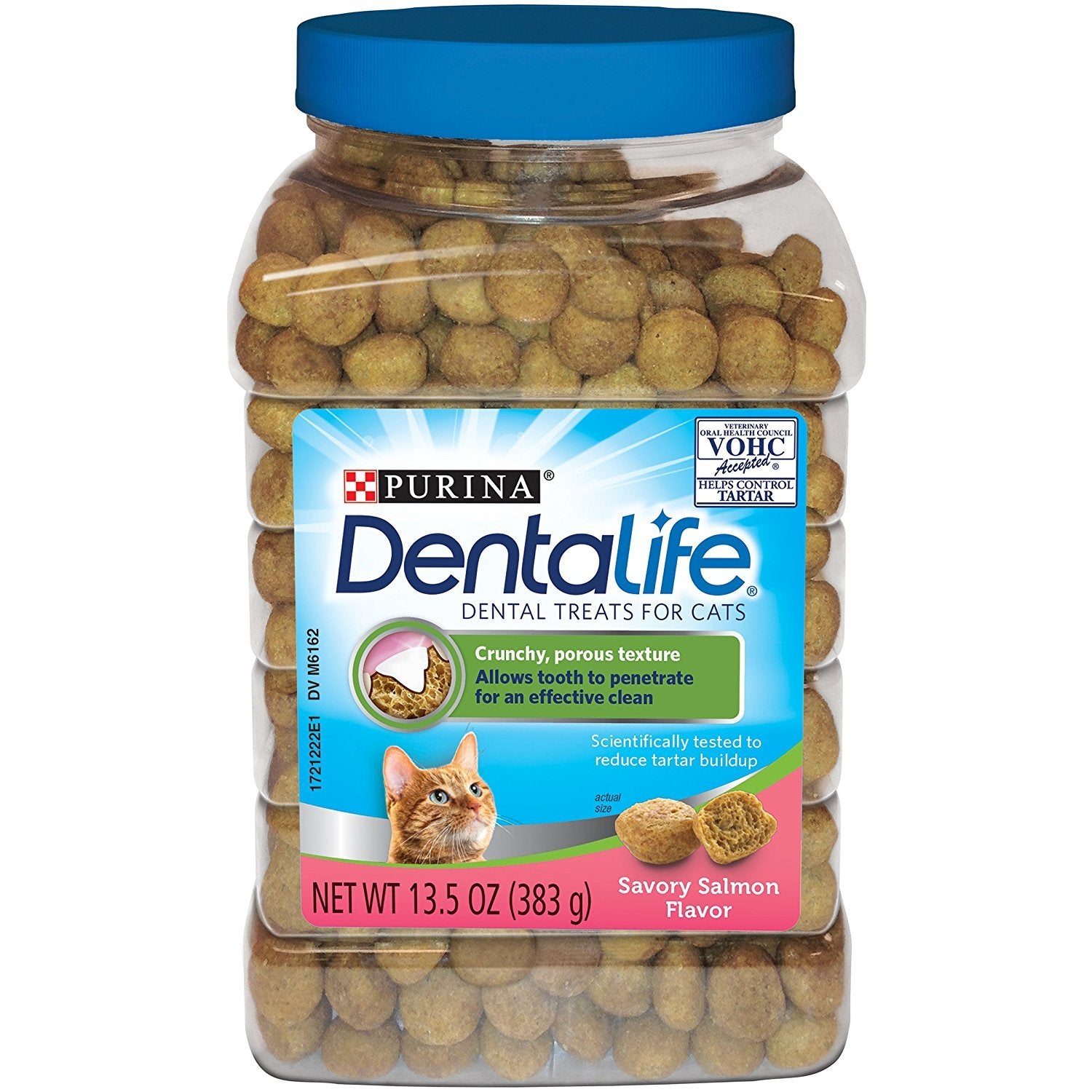 Dentalife Savory Salmon cat dental treat canister for tartar control and tasty snacking