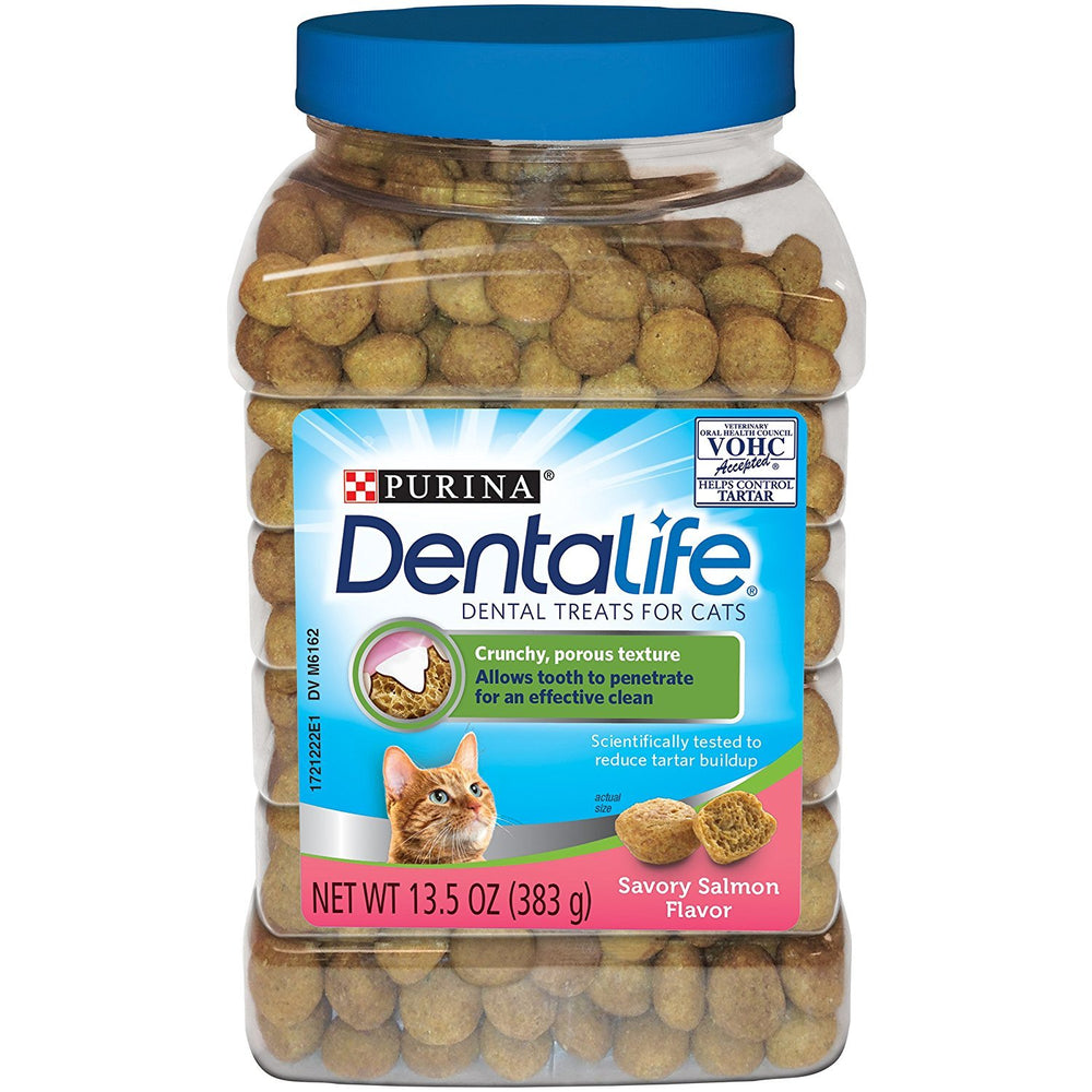Dentalife Savory Salmon cat dental treat canister for tartar control and tasty snacking