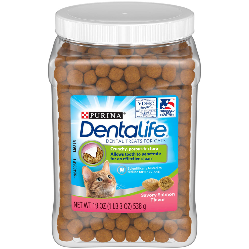 Dentalife Savory Salmon cat treats canister front view shows flavor and dental-care design