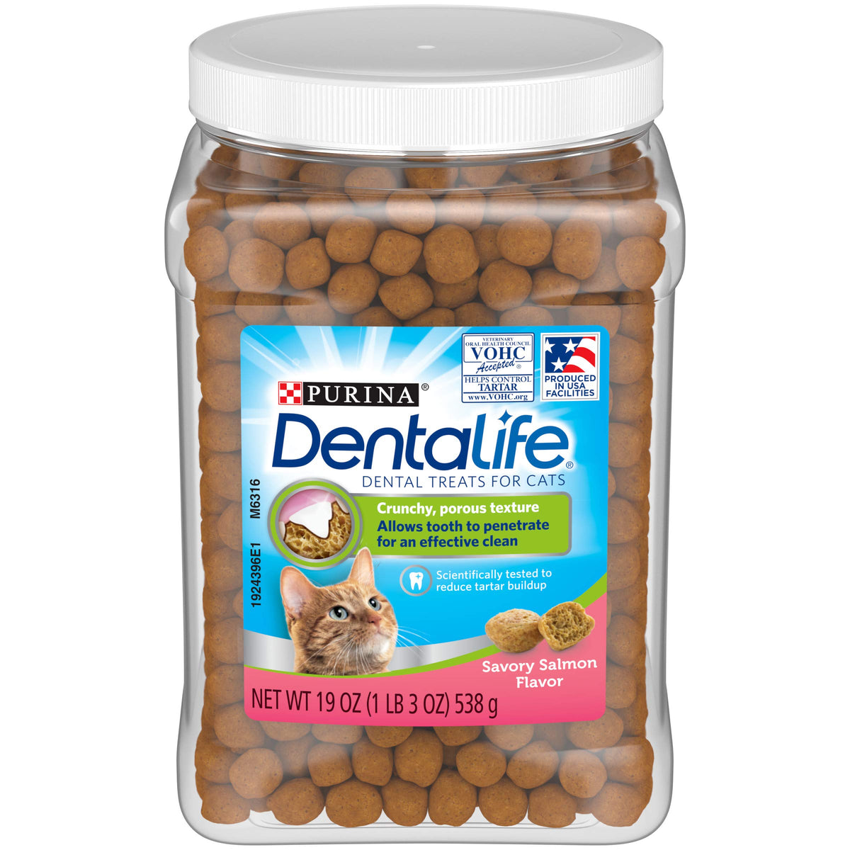 Dentalife Savory Salmon cat treats canister front view shows flavor and dental-care design