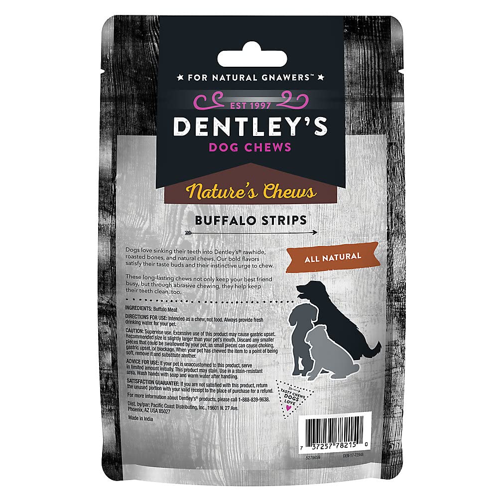DENTLEY'S Nature's Chews Buffalo Strips closeup emphasizes natural ingredients and a satisfying chew