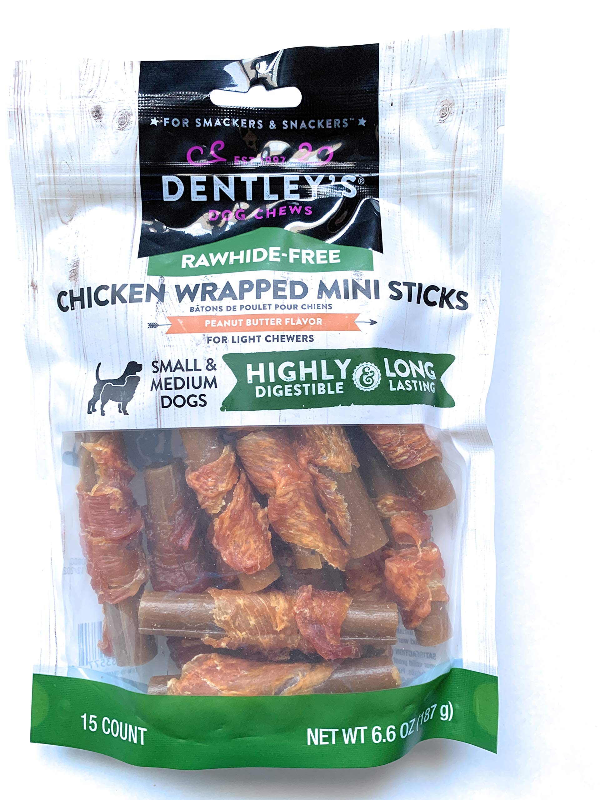 DENTLEY'S Palitos mini envueltos en pollo sin cuero, sabor cacahuate, ideales para mordedores ligeros.