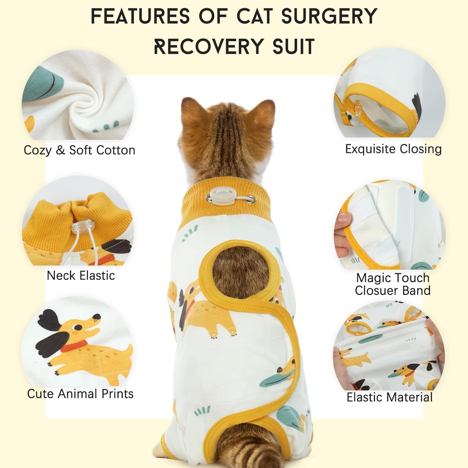 DENTRUN cat recovery suit abdomen cut adjustable ensures comfortable fit for different body shapes.
