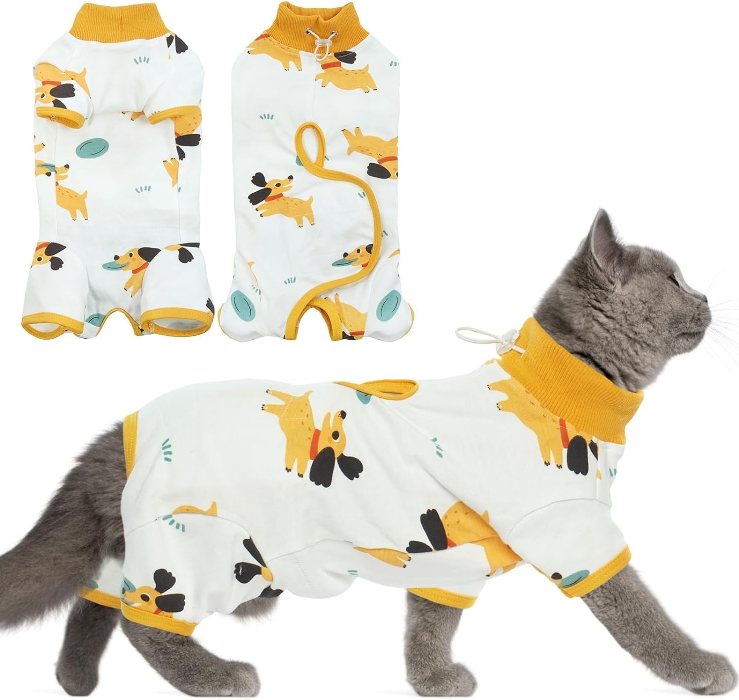 DENTRUN cat surgery recovery suit on cat provides gentle post-surgery protection with comfortable fit.