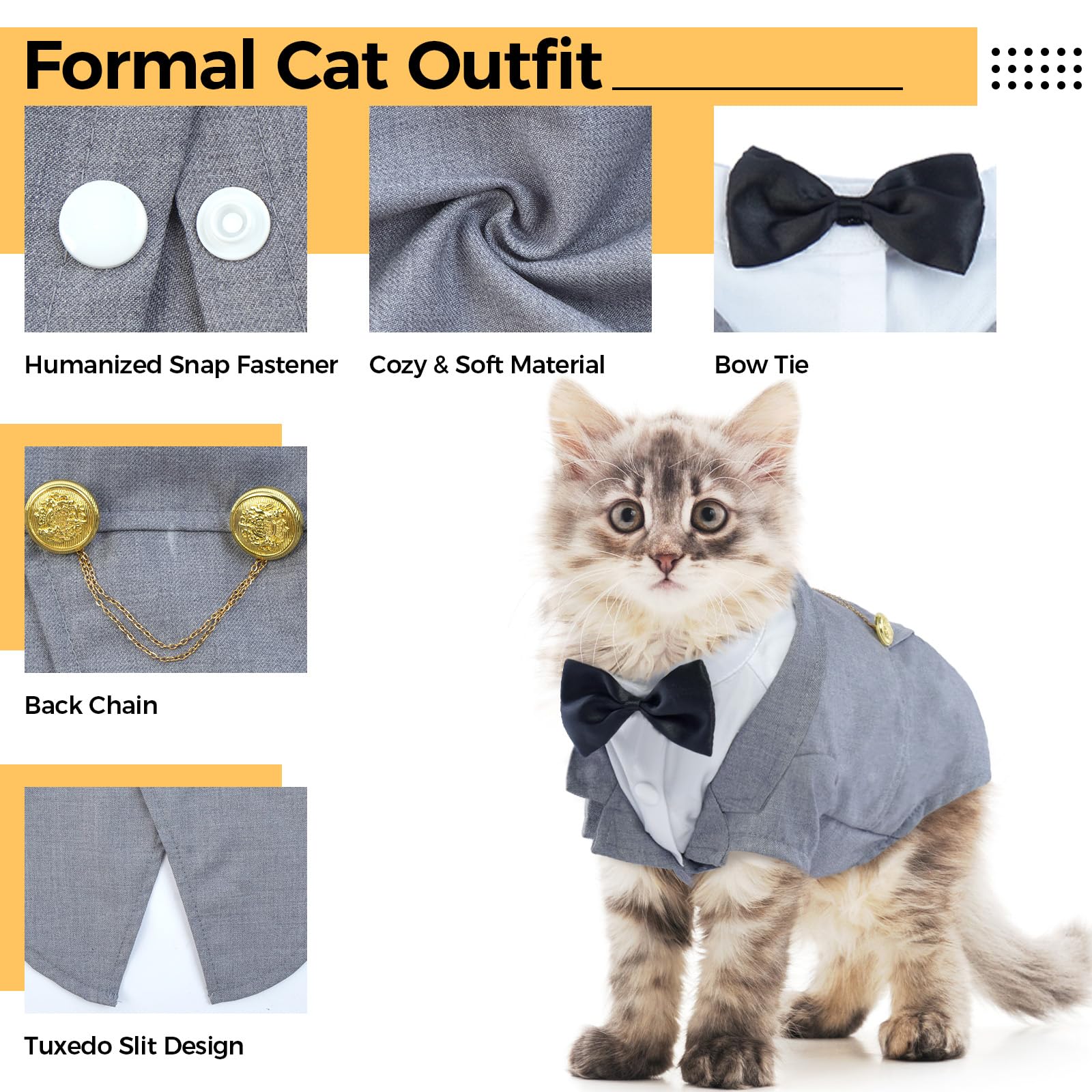 DENTRUN Cat Tuxedo Outfit back bowknot highlights decorative detail, enhancing photos and occasions.