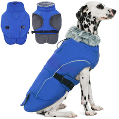 DENTRUN Winter Warm Dog Coat front view showing windproof shell and cozy fleece interior.
