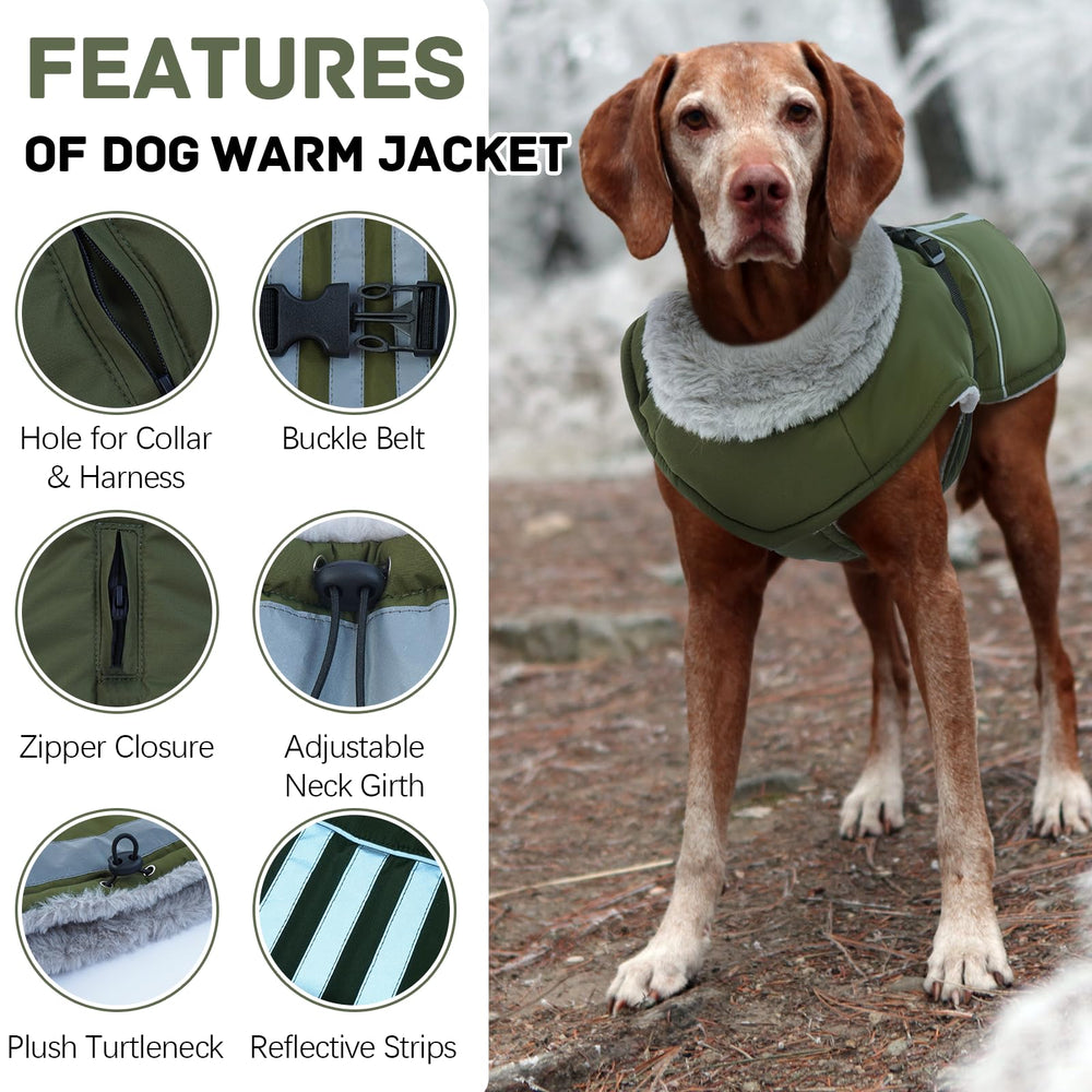 DENTRUN Waterproof Dog Coat back view showing extended coverage in winter weather.