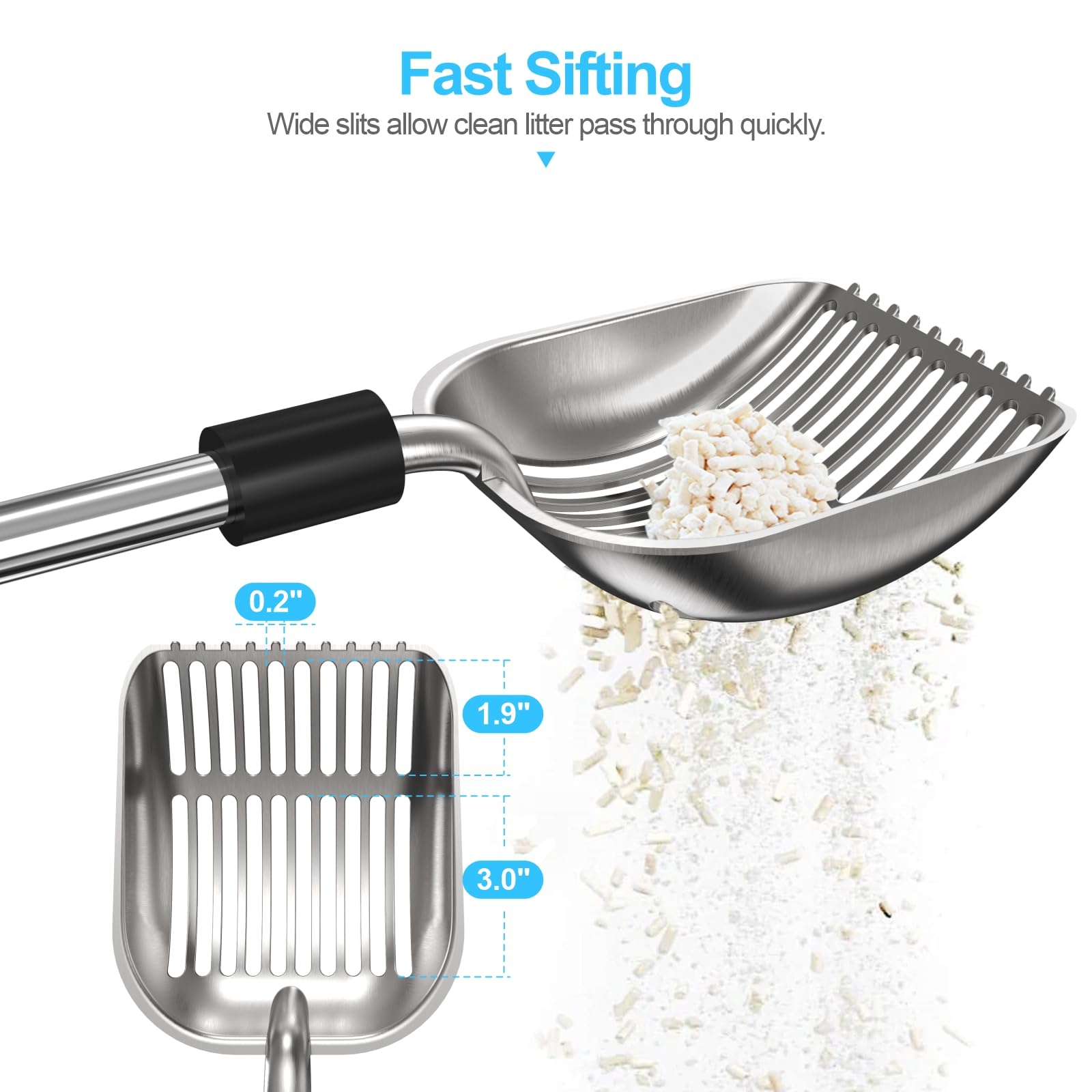 Depets cat litter scoop with detachable long handle extends reach for easy use.