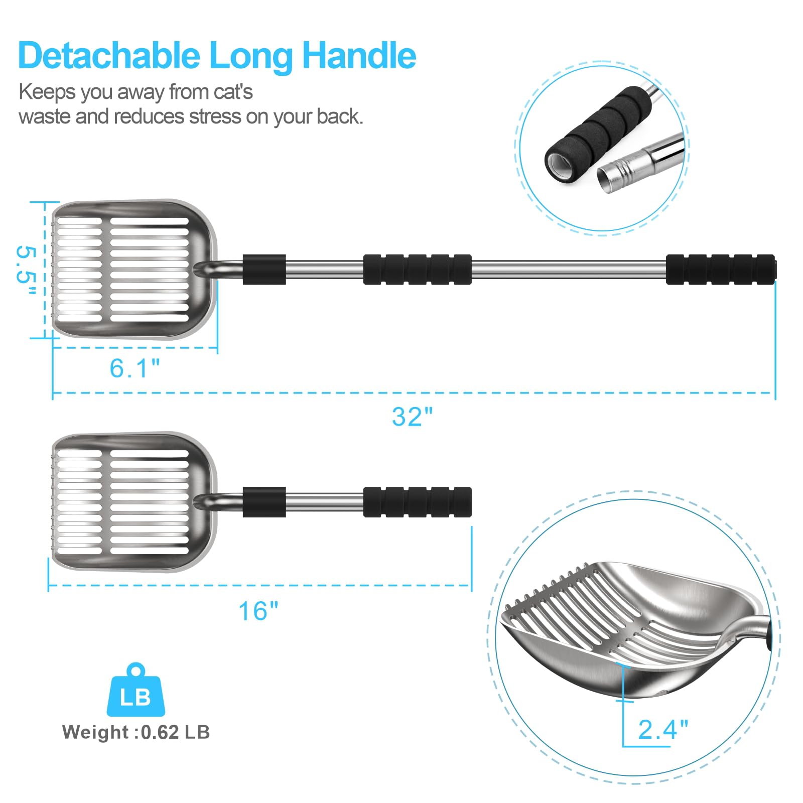 Depets cat litter scoop with foam pad grip provides comfortable handling.