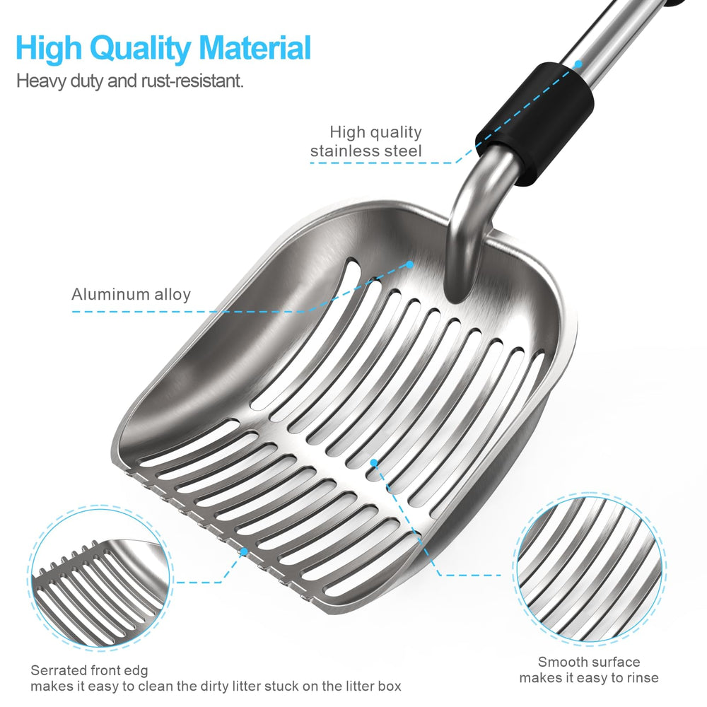 Depets cat litter scoop stainless steel handle resists rust and wear.