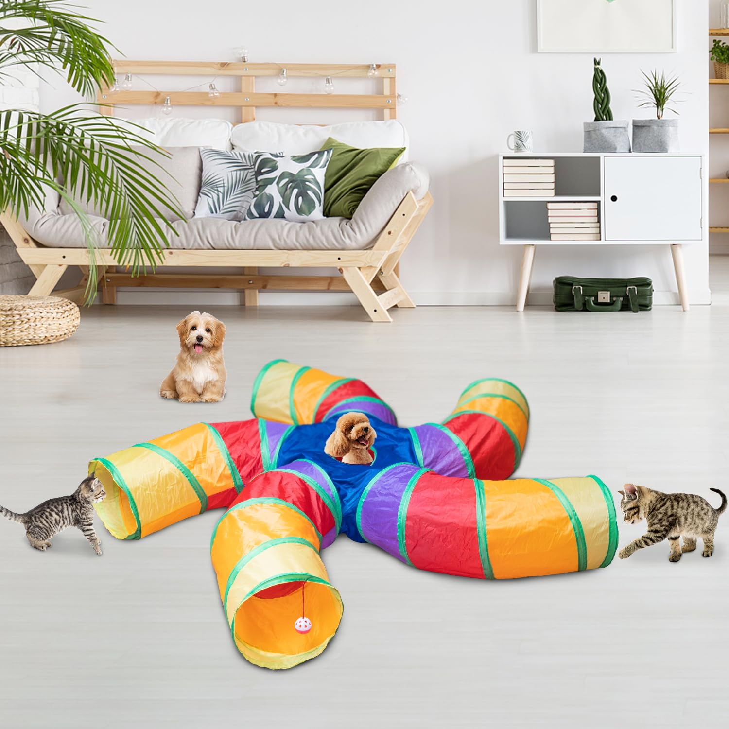 Depets cat tunnel folds compactly for storage and travel.