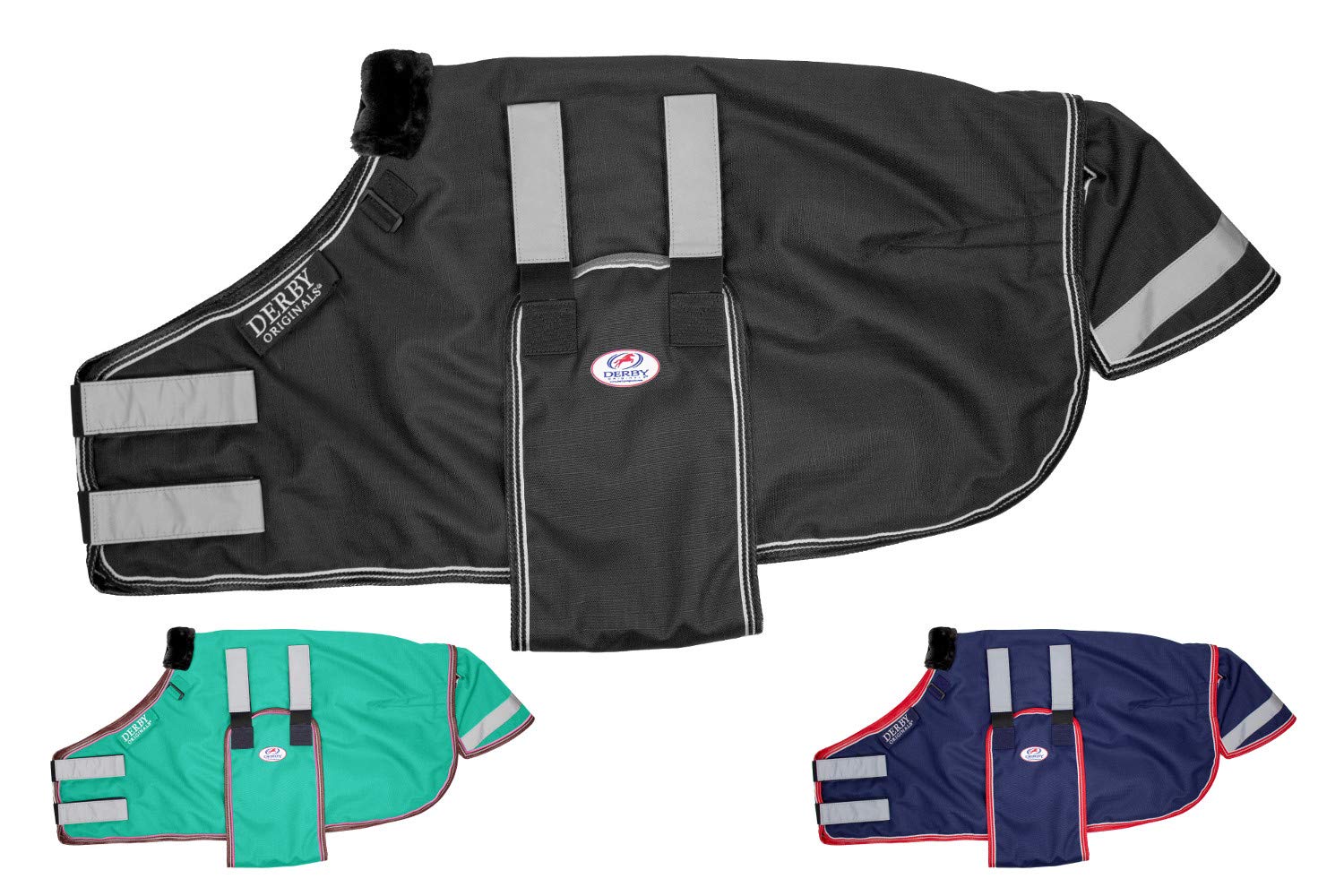 Derby Originals reflective foal blanket in turnout, enhances visibility for safety.
