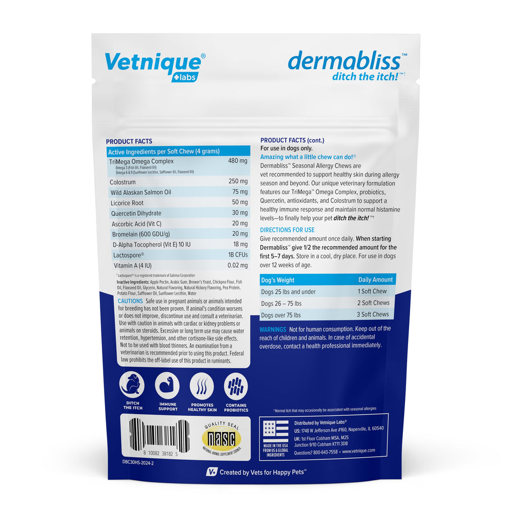 Dermabliss itch-relief chews showing chewy texture, supporting skin wellness and coat health.