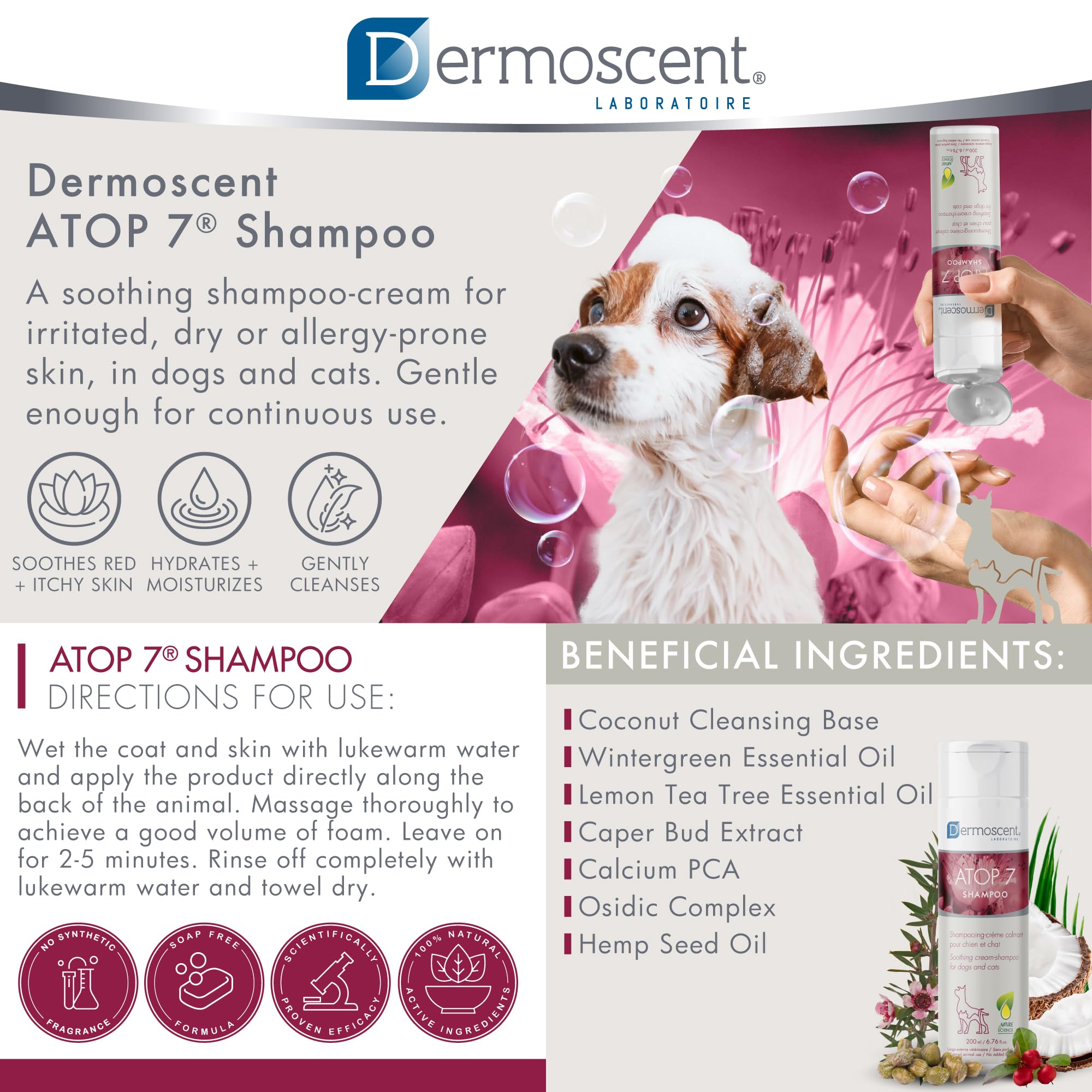 Dermoscent ATOP 7 Shampoo applied on a pet during bath with soothing effect