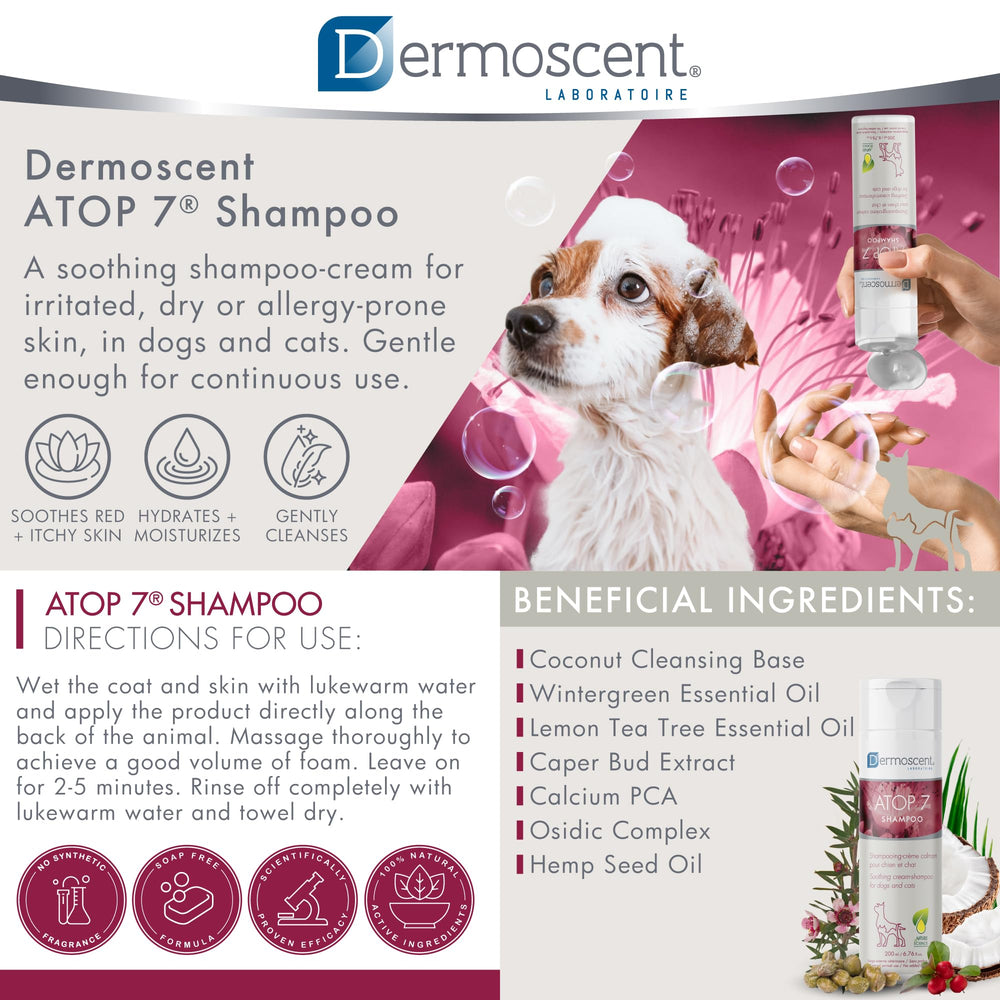 Dermoscent ATOP 7 Shampoo applied on a pet during bath with soothing effect