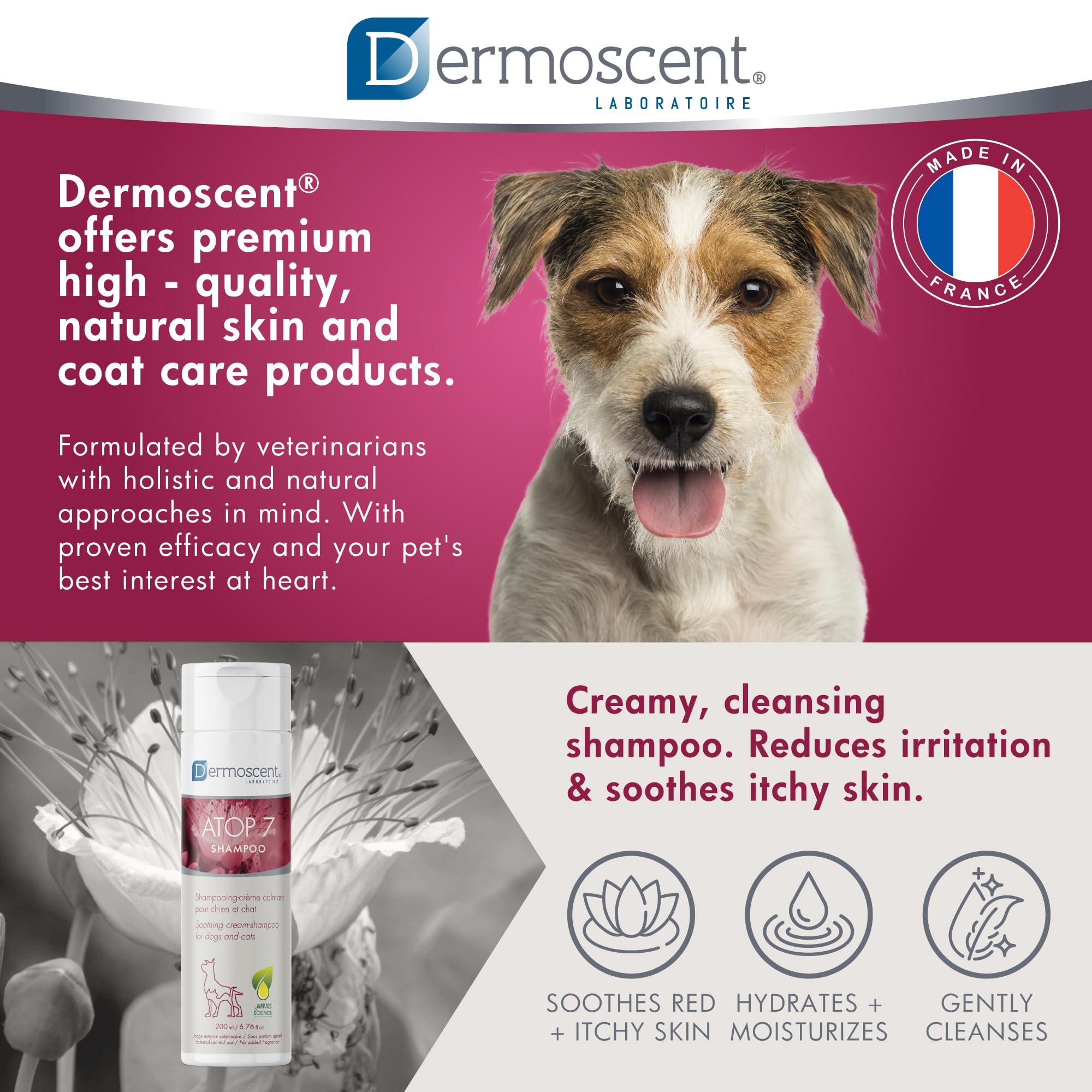 Dermoscent ATOP 7 Shampoo highlights omega fatty acids for skin and coat health