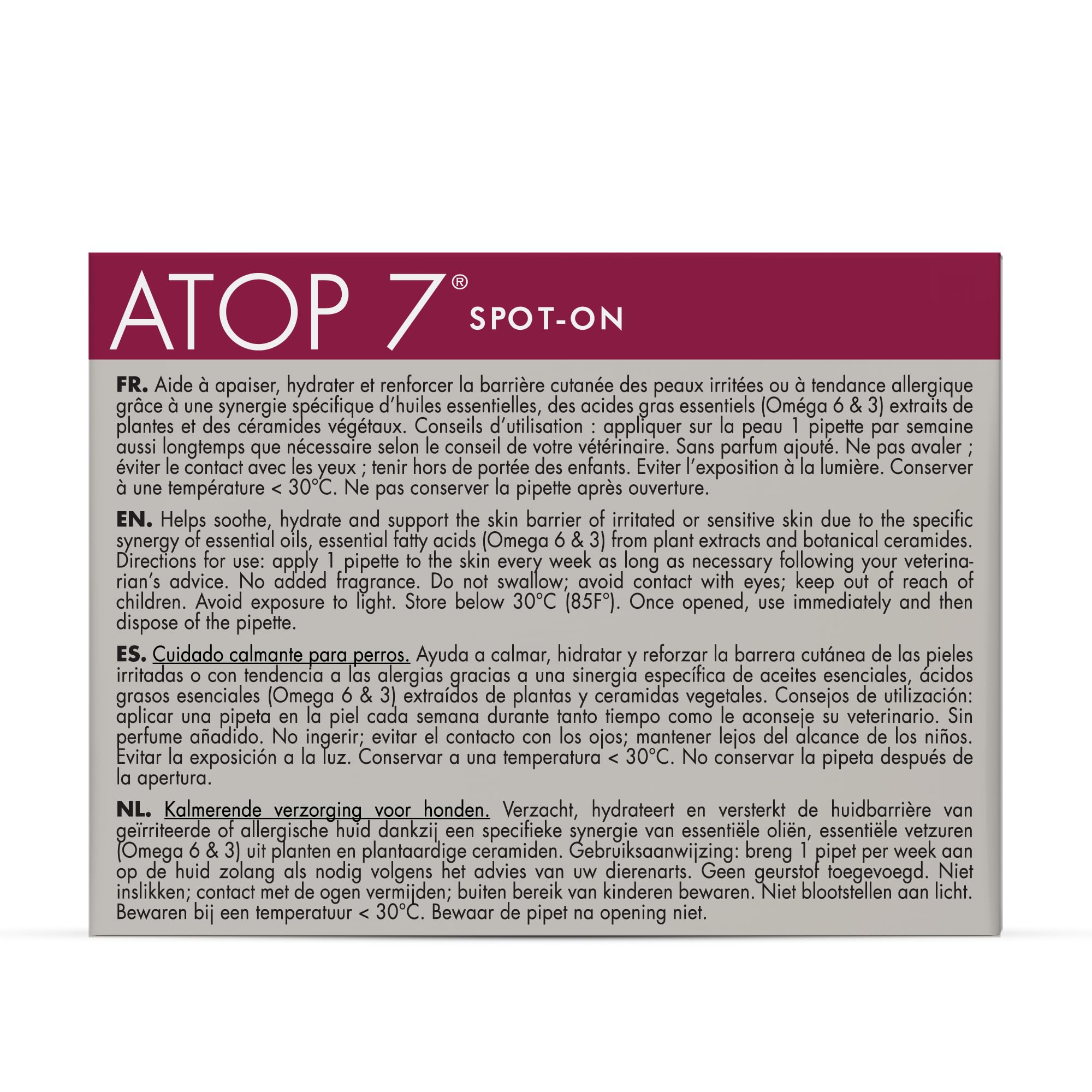 Dermoscent ATOP 7 spot-on bottle being applied between shoulders for easy topical use