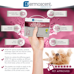 Dermoscent ATOP 7 spot-on hemp-oil ingredient graphic emphasizes natural skin conditioning.