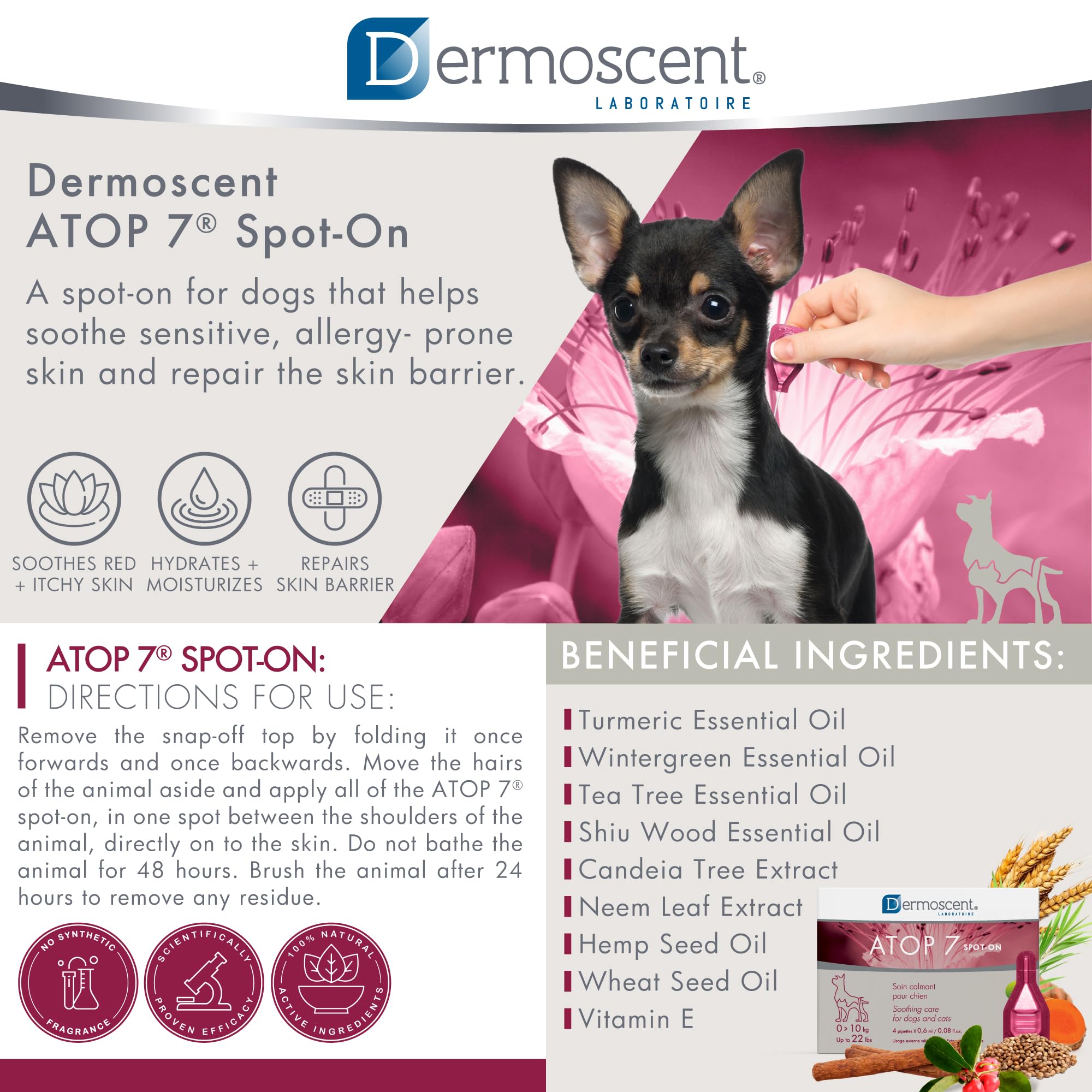 Dermoscent ATOP 7 spot-on natural hemp and omega oils highlighted for skin nourishment