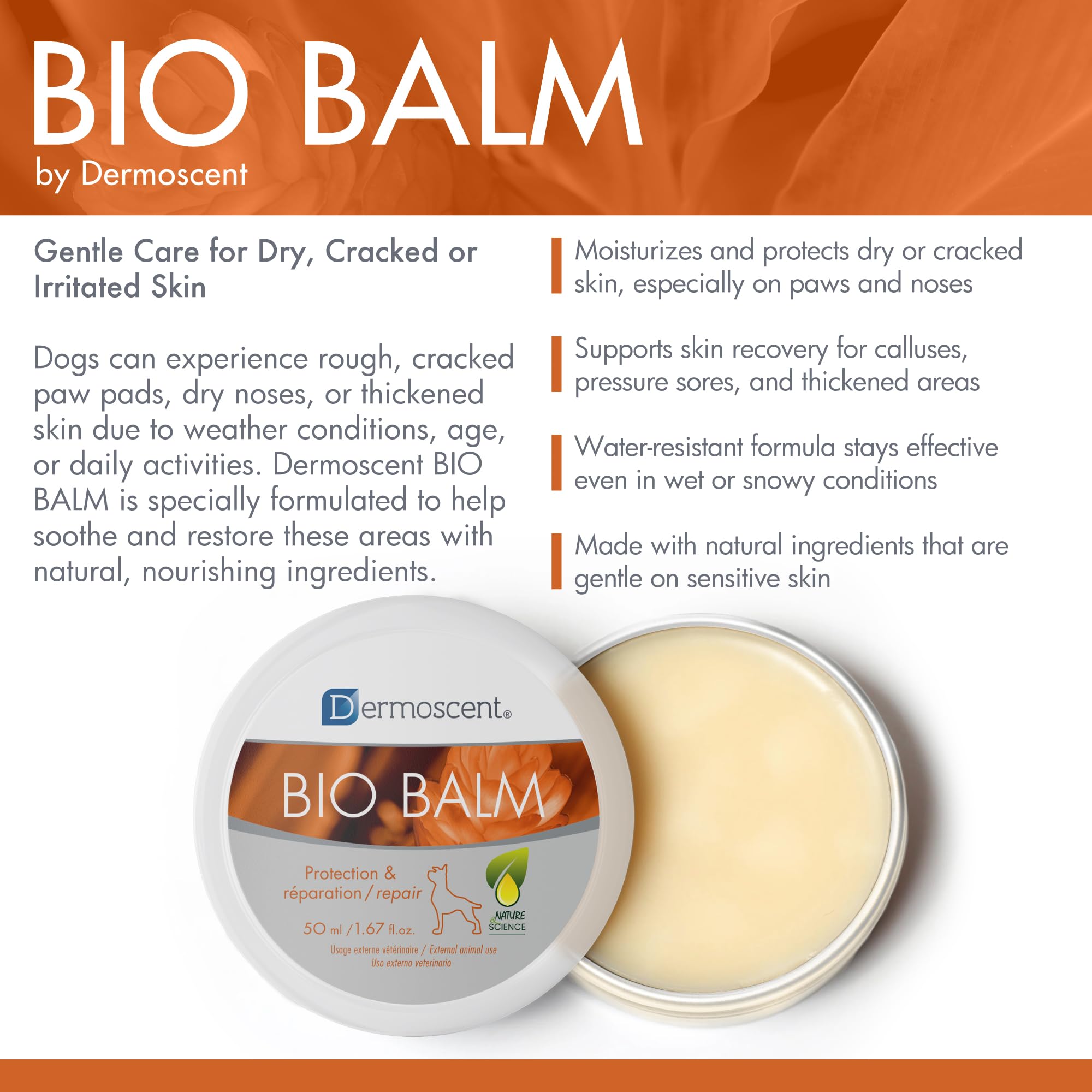 Dermoscent Bio Balm thick-rich-texture shows easy spread for immediate nourishment.