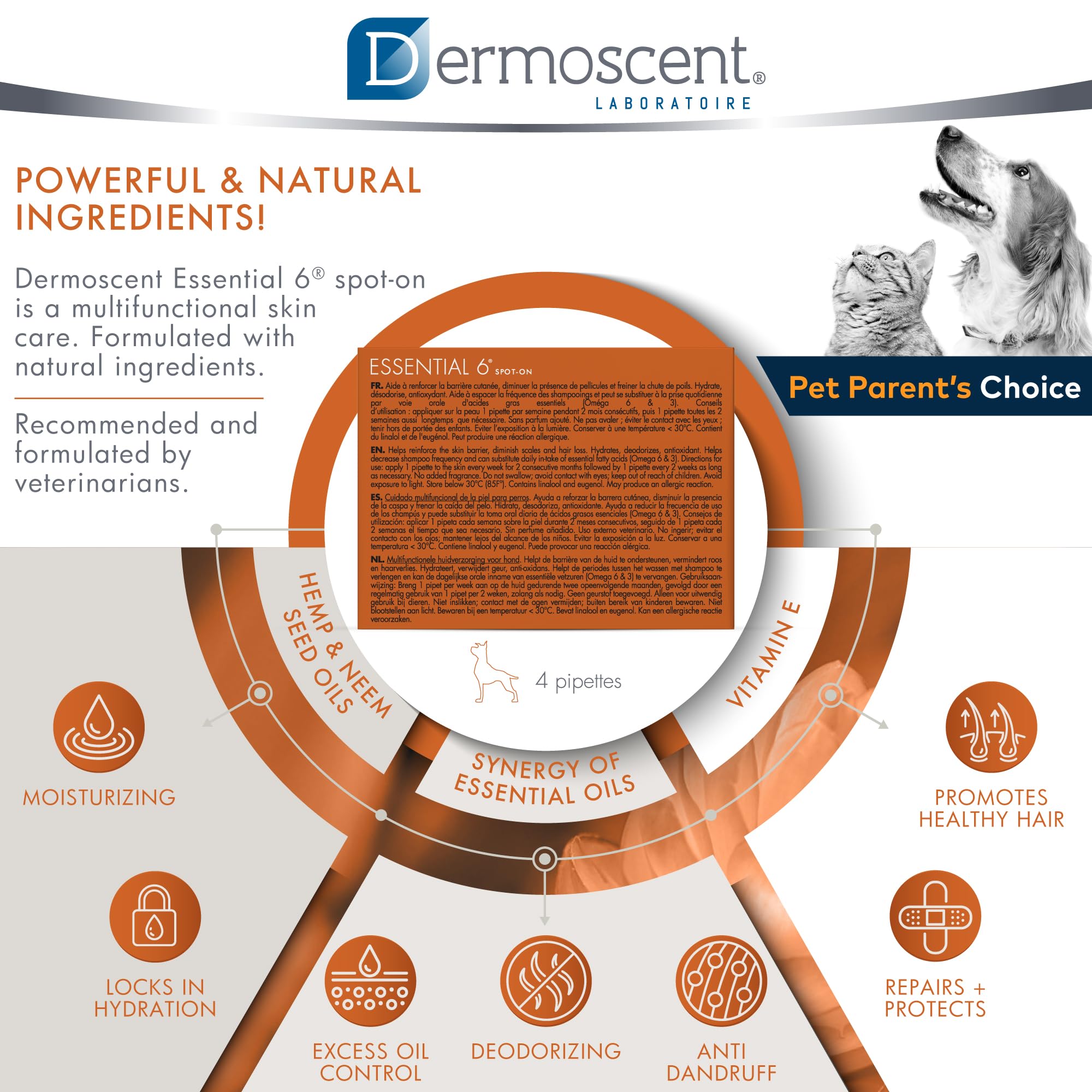 Dermoscent Essential 6 targets dandruff and flaky patches on dogs.