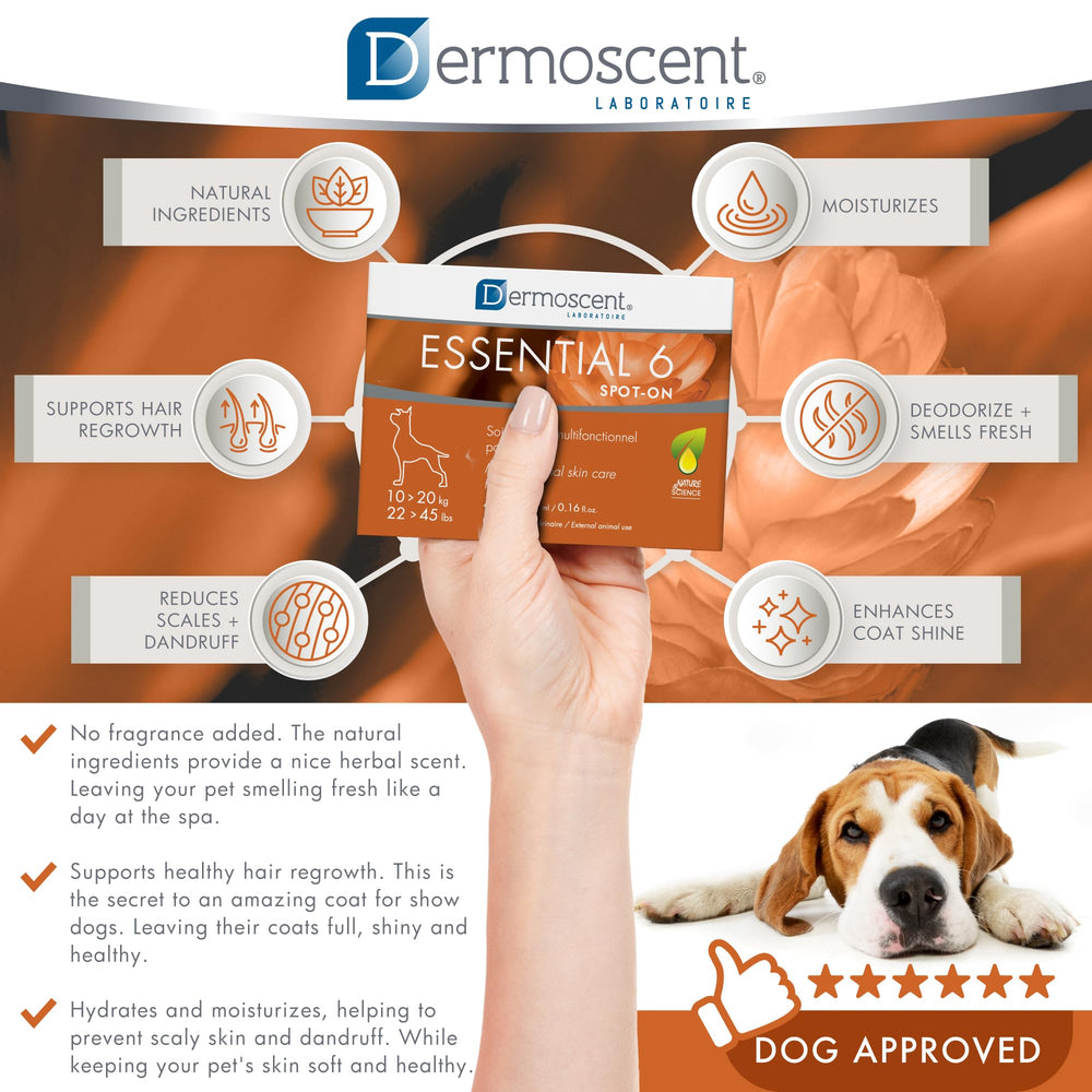 Dermoscent Essential 6 helps enhance hair regrowth and coat shine.