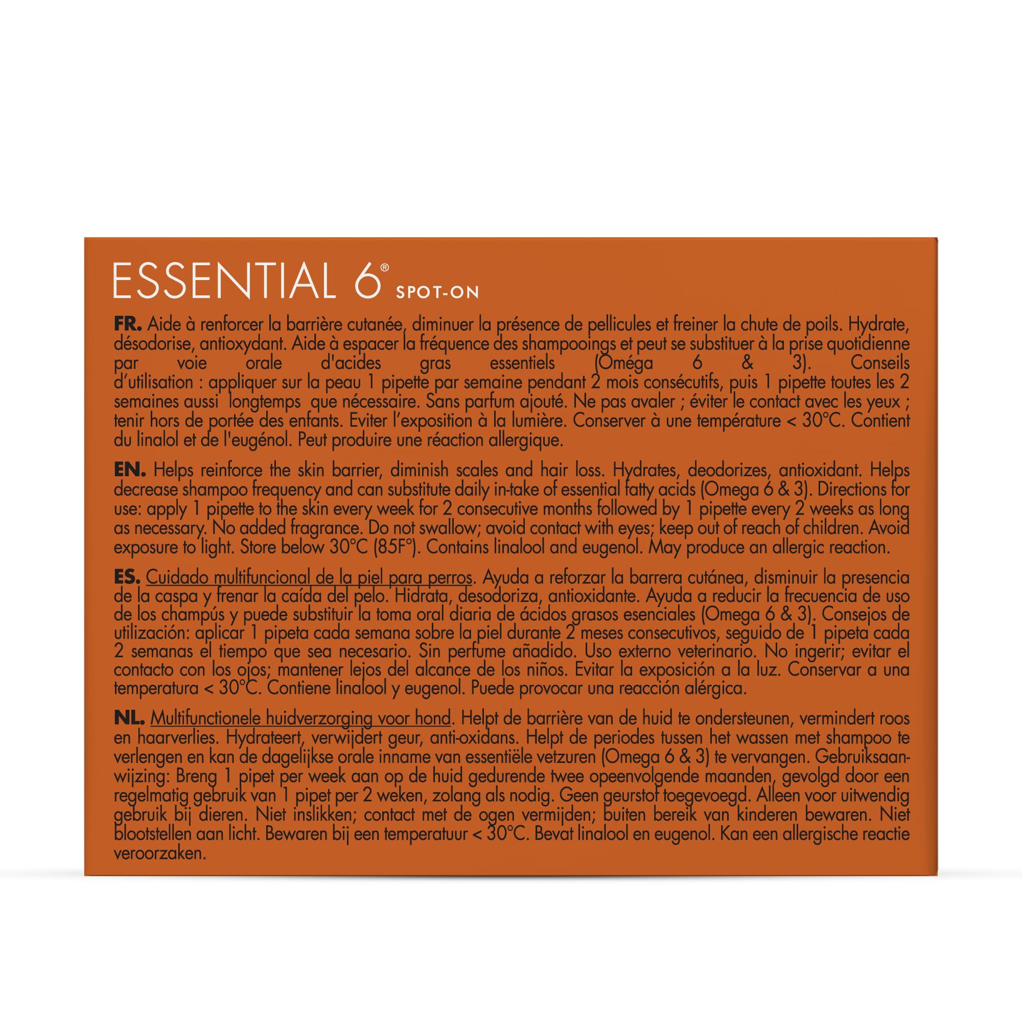 Dermoscent Essential 6 natural ingredients oils bottle shows skin-supporting formula.