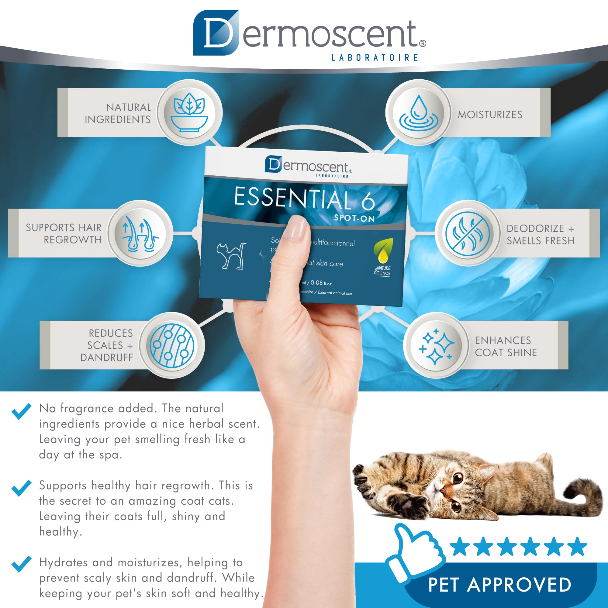 Dermoscent Essential 6 odor-control image highlights lasting deodorizing effect