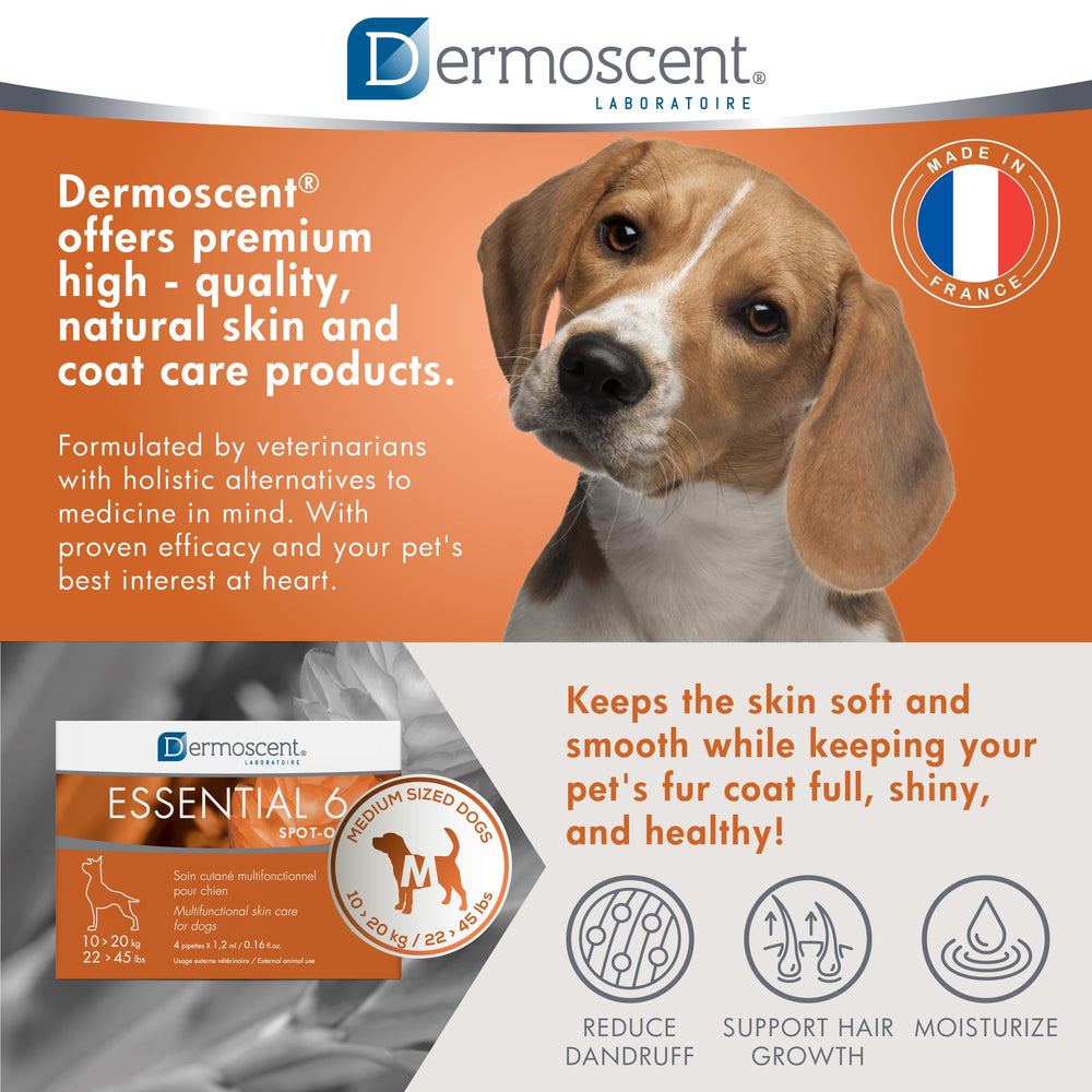 Dermoscent Essential 6 packaging shows four 1.2 ml pipettes.