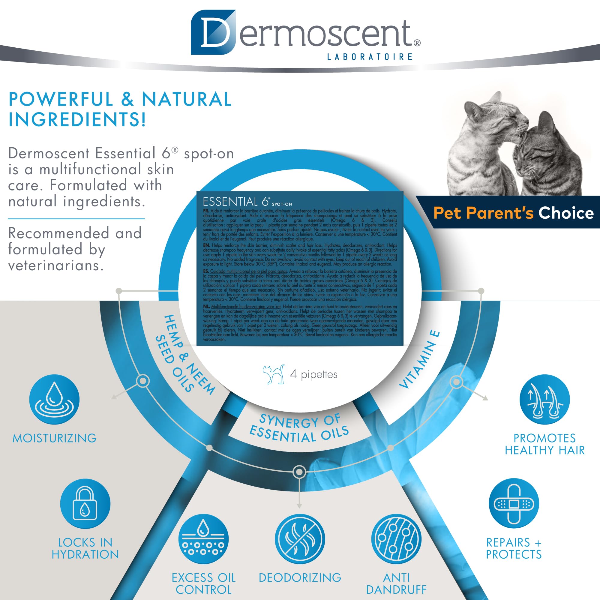 Dermoscent Essential 6 plant-based-ingredients badge emphasizes natural blend