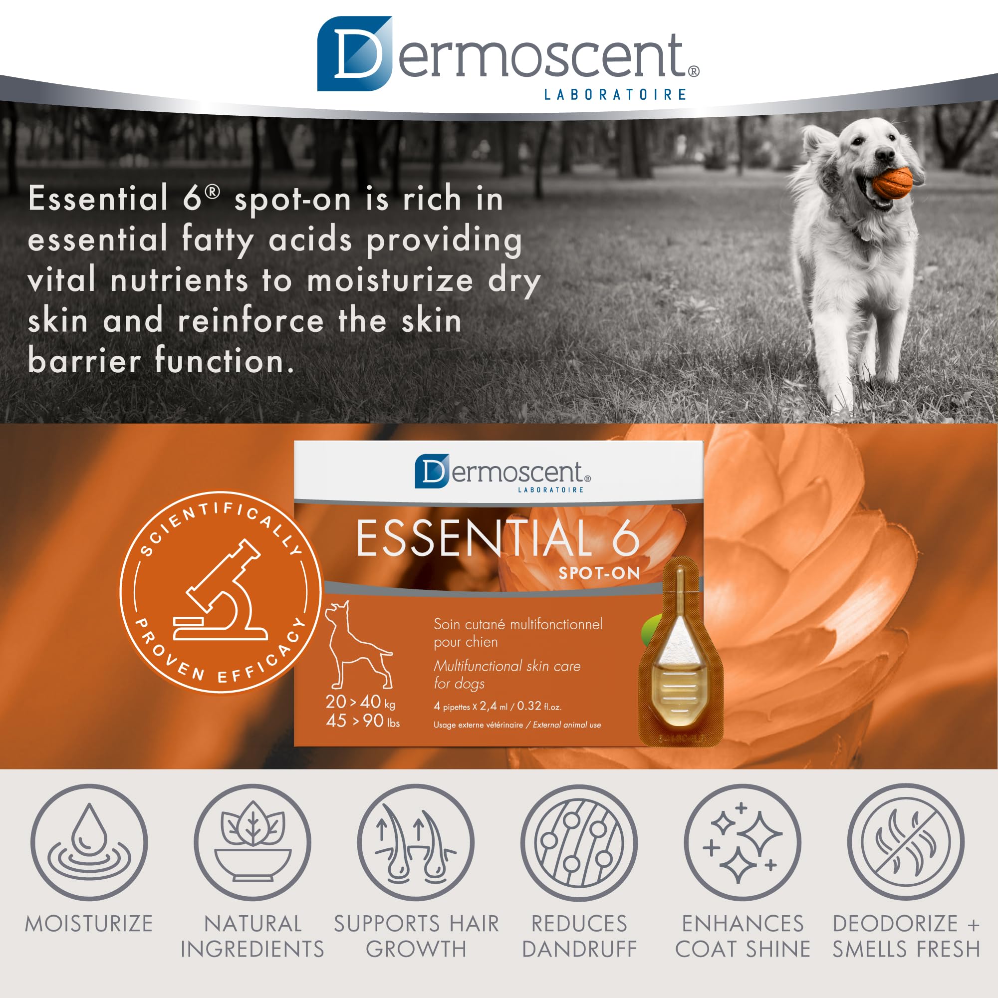 Easy daily care with Dermoscent Essential 6 spot-on routine.