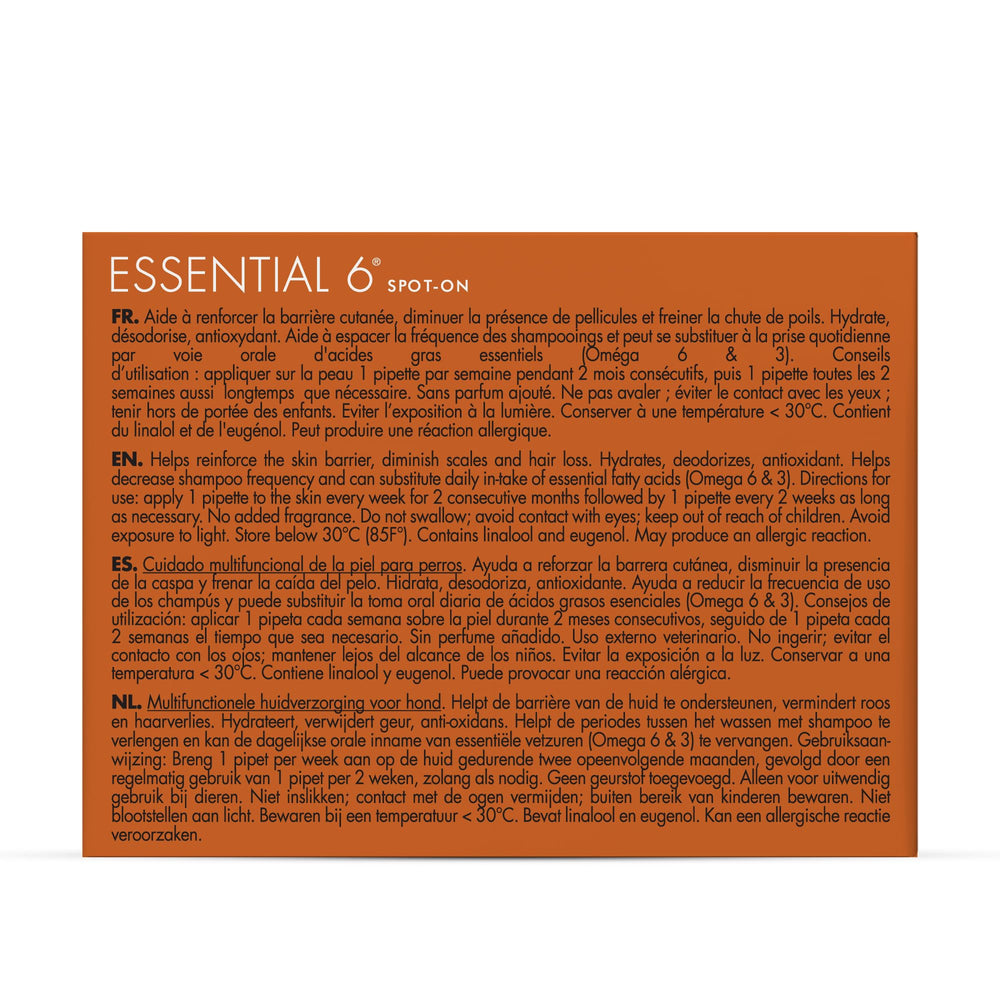 Dermoscent Essential 6 spot-on helps reduce dandruff for smoother skin.