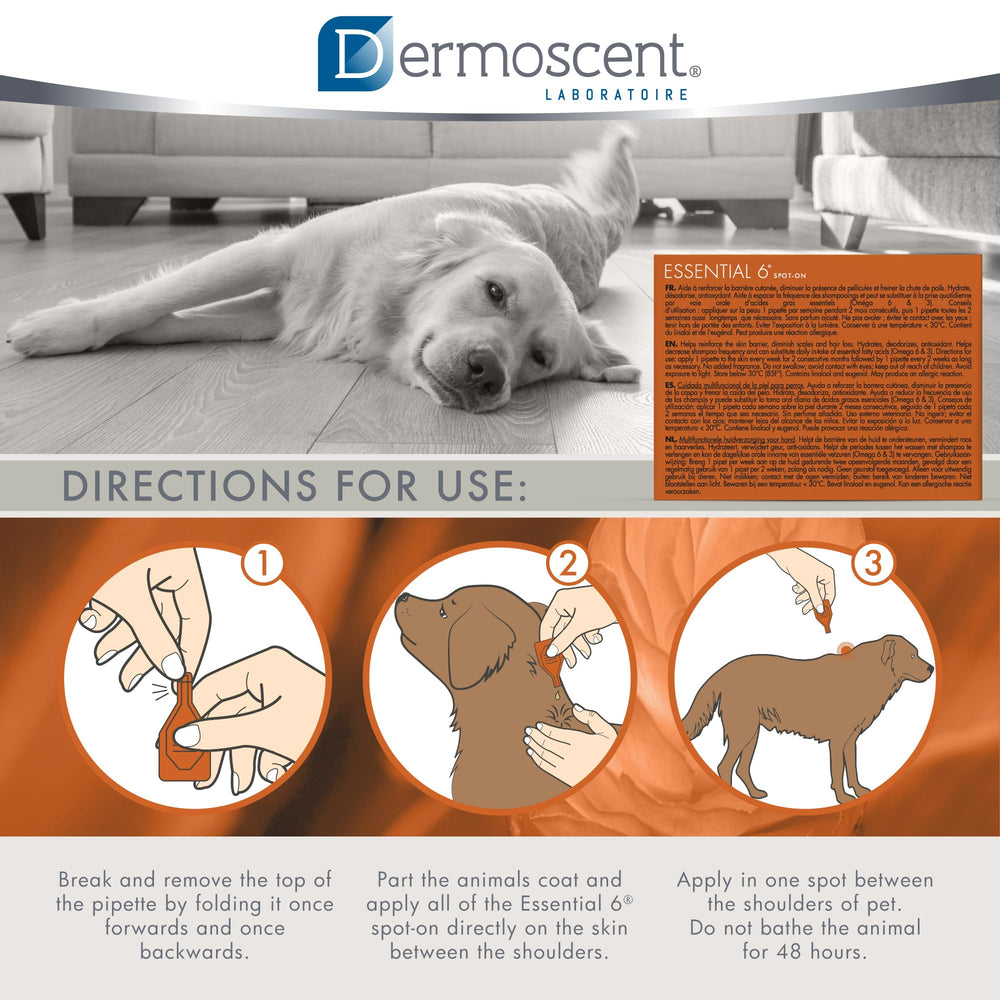 Dermoscent Essential 6 spot-on delivers a fresh herbal scent.