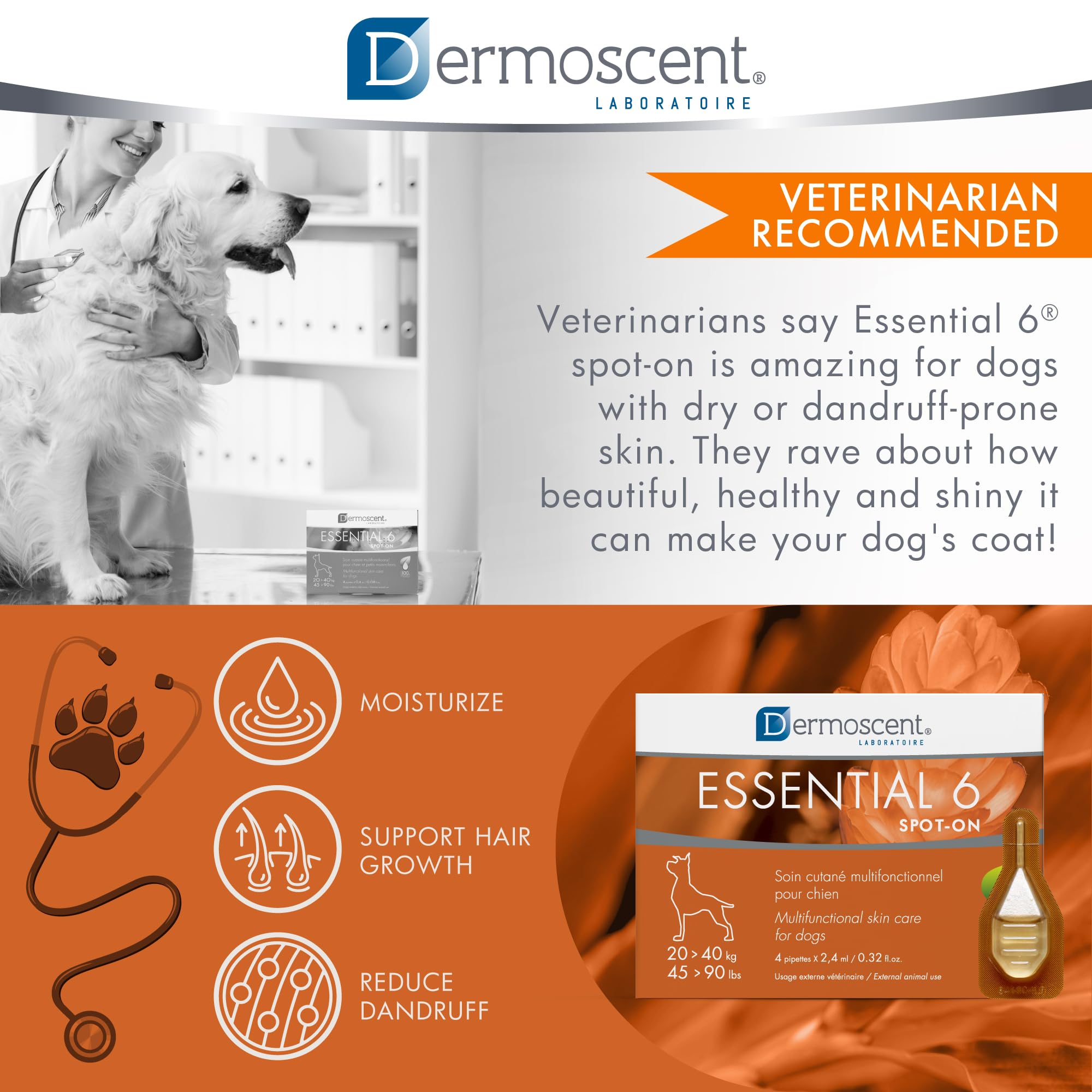 Single-use pipettes make Dermoscent Essential 6 easy to apply.