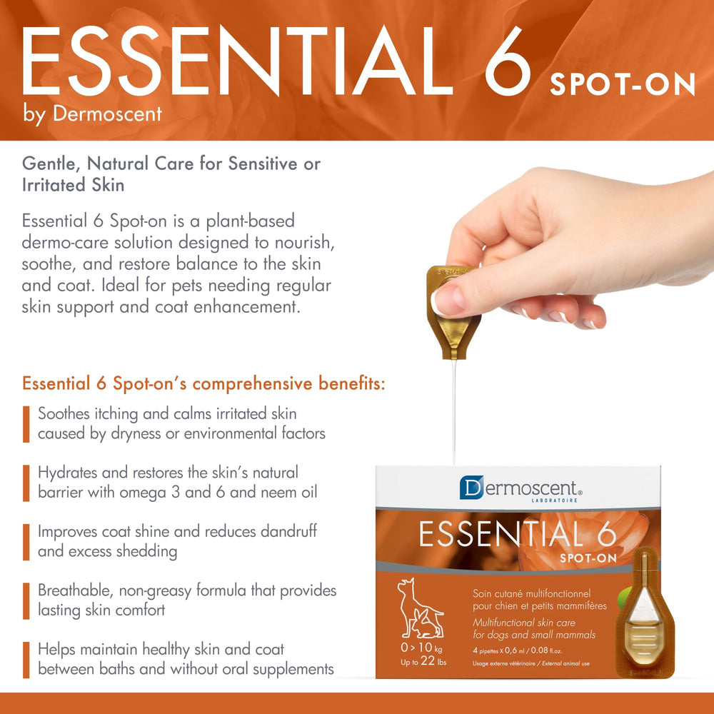Dermoscent Essential 6 spot-on pipette being used for precise application on skin.